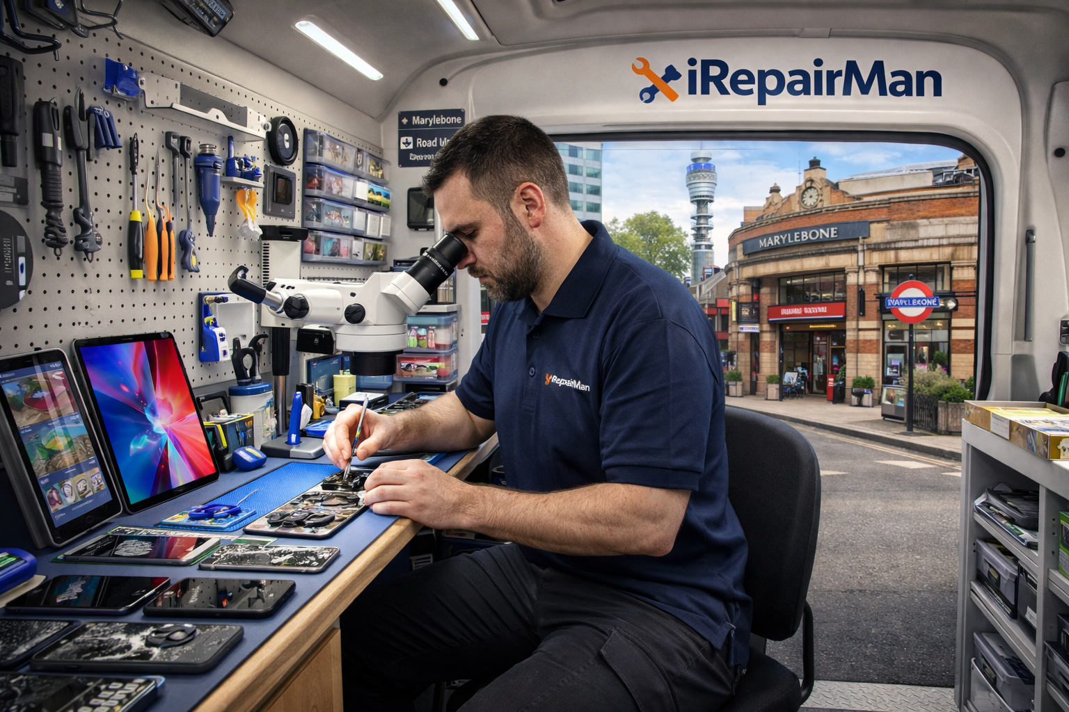 iRepairMan technician repairing an iPhone inside a mobile workshop van on Marylebone Road NW1
