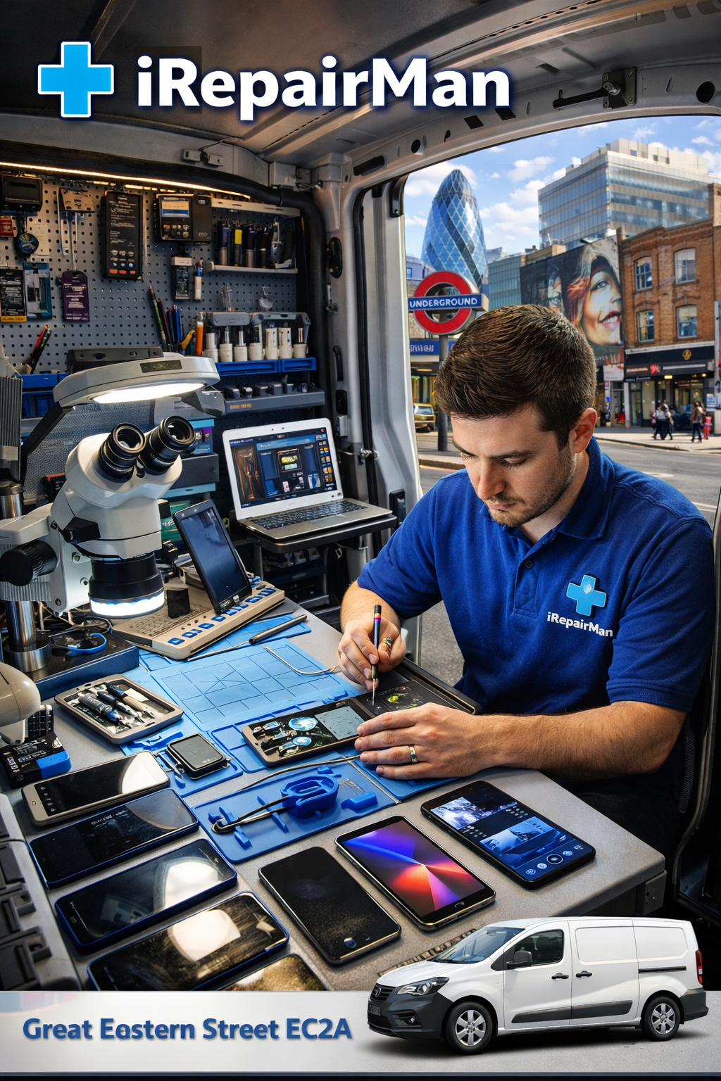 Mobile iPhone repair technician working inside iRepairMan van near Great Eastern Street EC2A