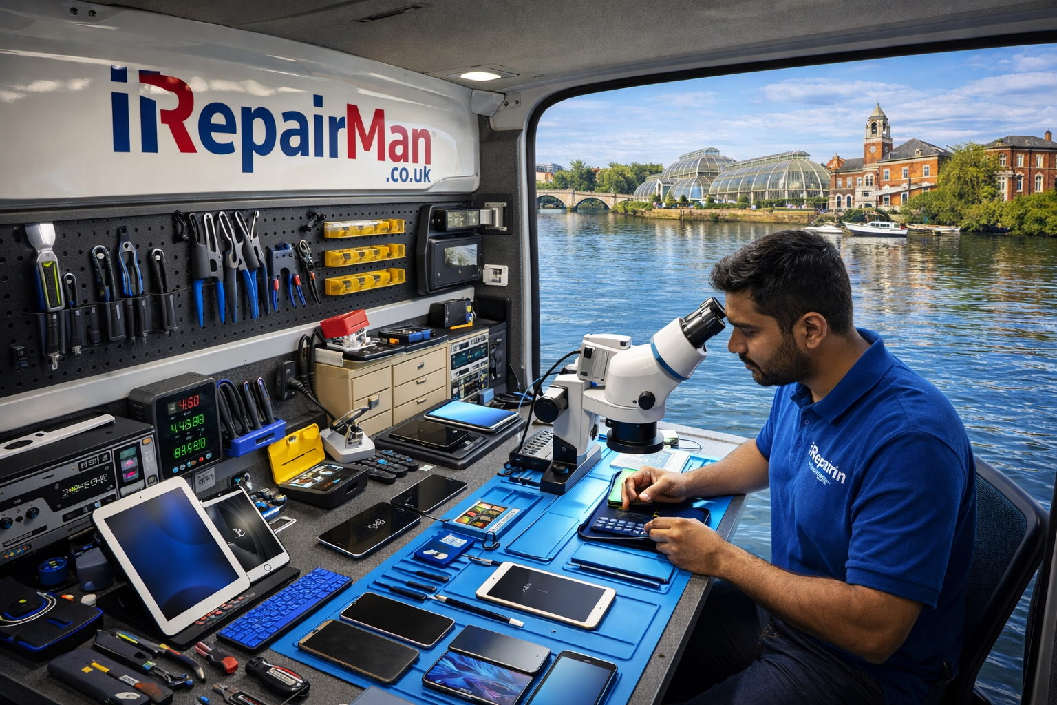 Mobile iPhone repair workshop inside iRepairMan van with microscope tools in Richmond upon Thames