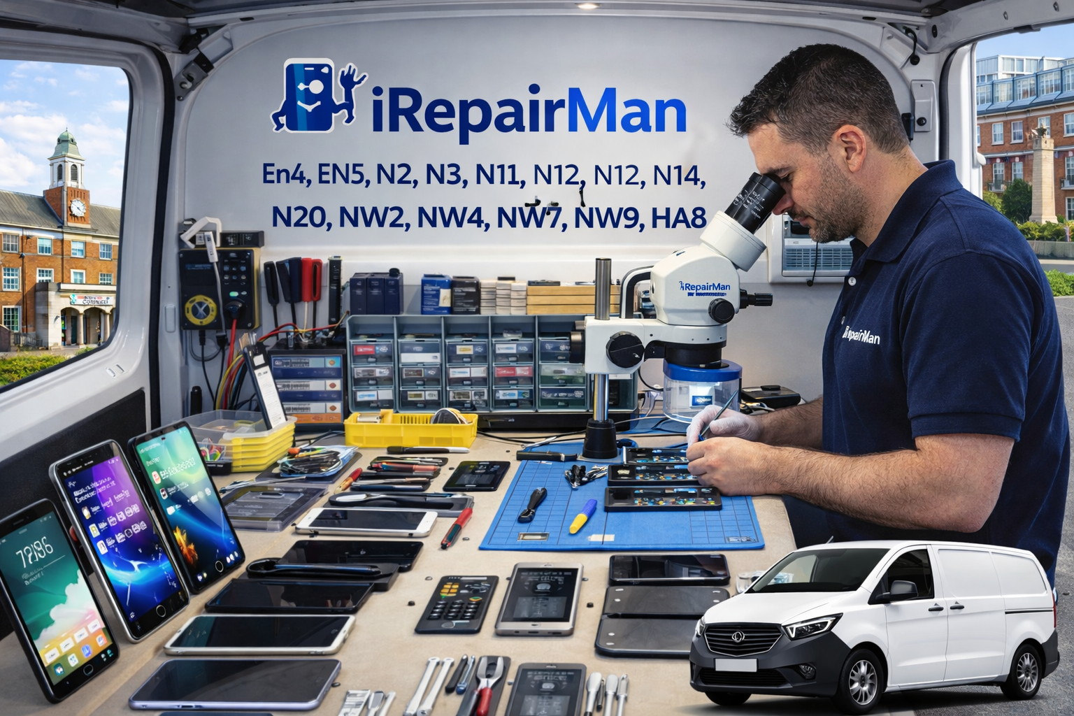 iRepairMan technician workstation inside mobile repair van with tools and multiple devices for B2B iPhone repairs in Barnet