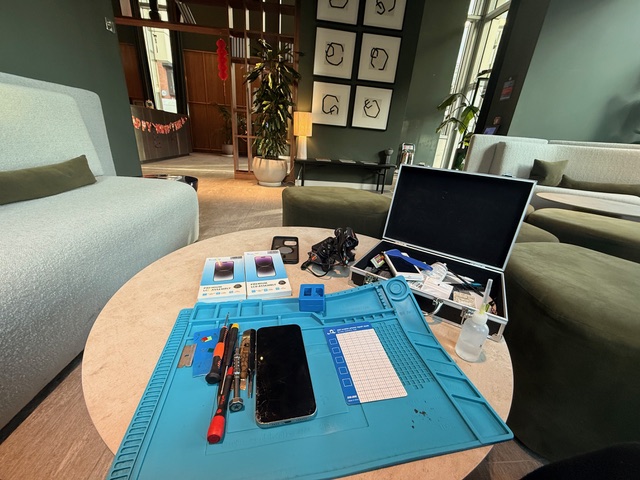 Before repair iPhone 15 Pro Max with broken screen prepared for mobile repair in London
