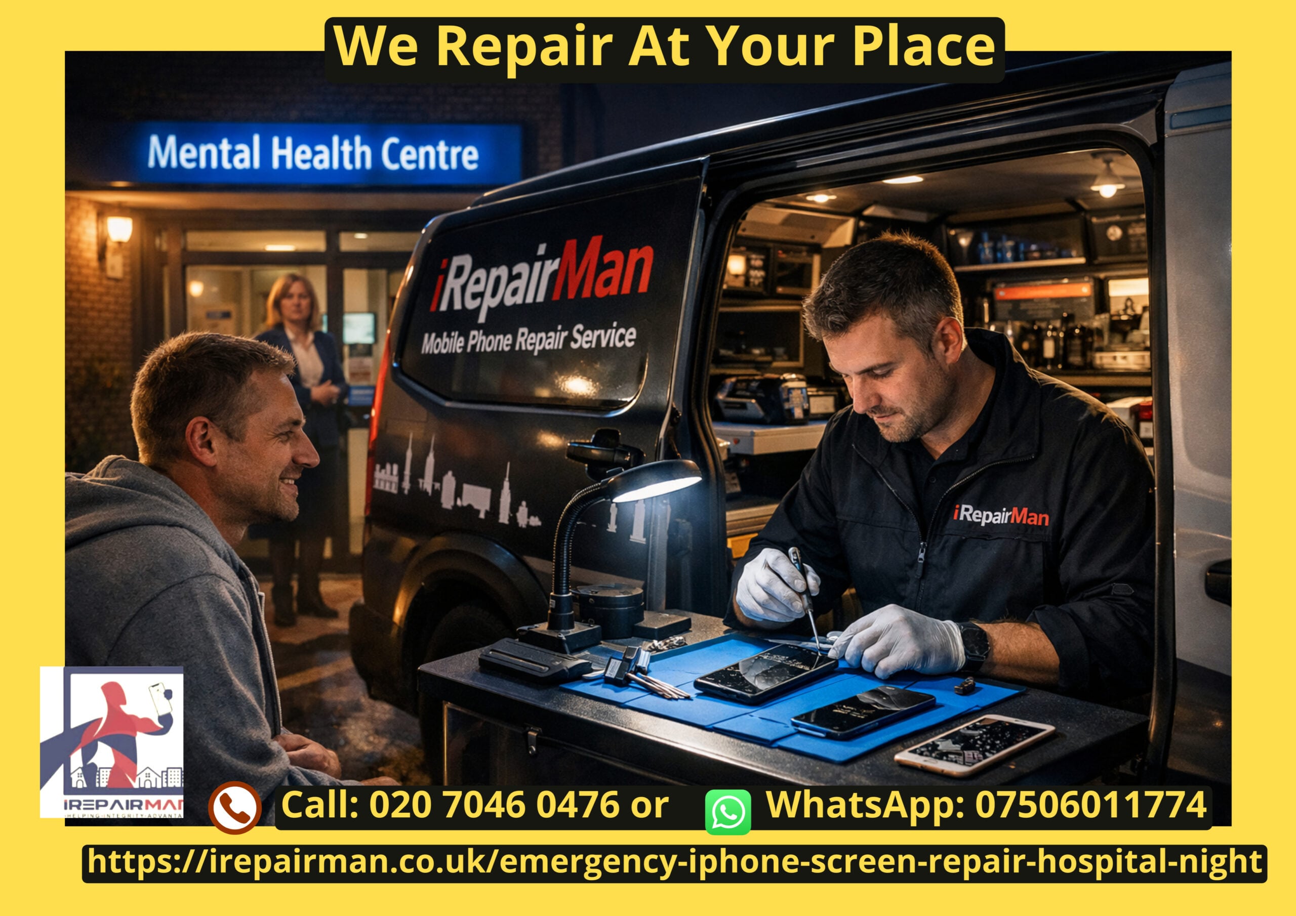 Emergency iPhone screen repair at night outside a hospital, with technician fixing a phone in a mobile repair van