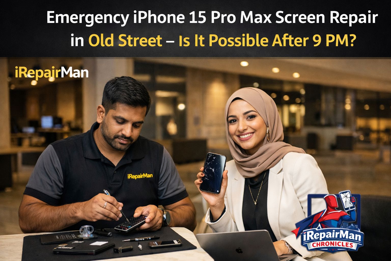 Emergency iPhone 15 Pro Max screen repair in Old Street London after 9PM by iRepairMan