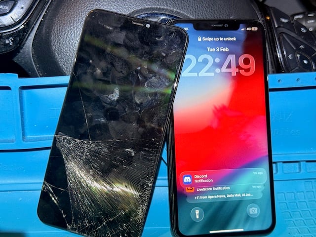 Before and after iPhone screen showing cracked display and repaired screen at night