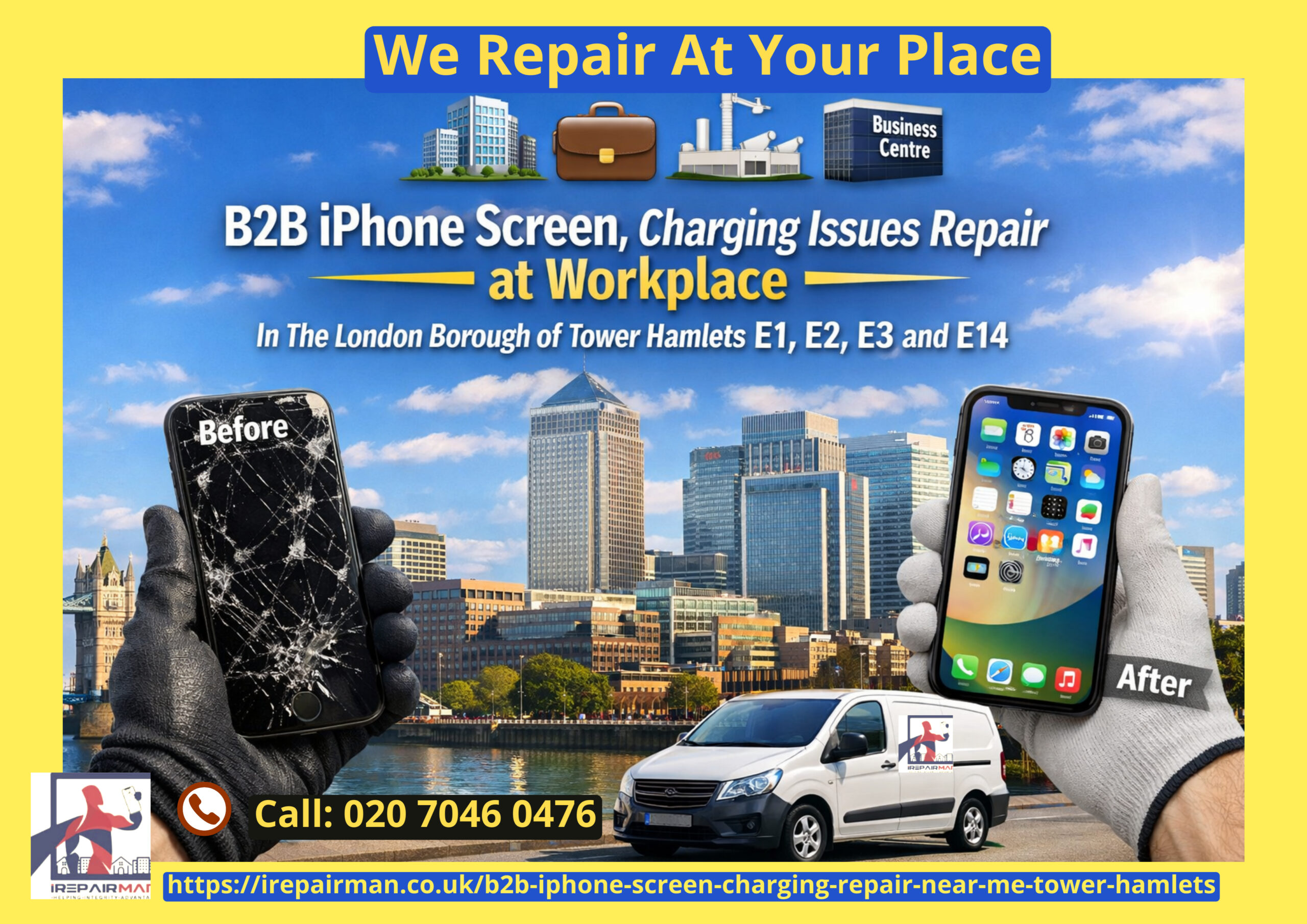 B2B iPhone screen and charging repair near me at workplace in Tower Hamlets E1 E2 E3 E14