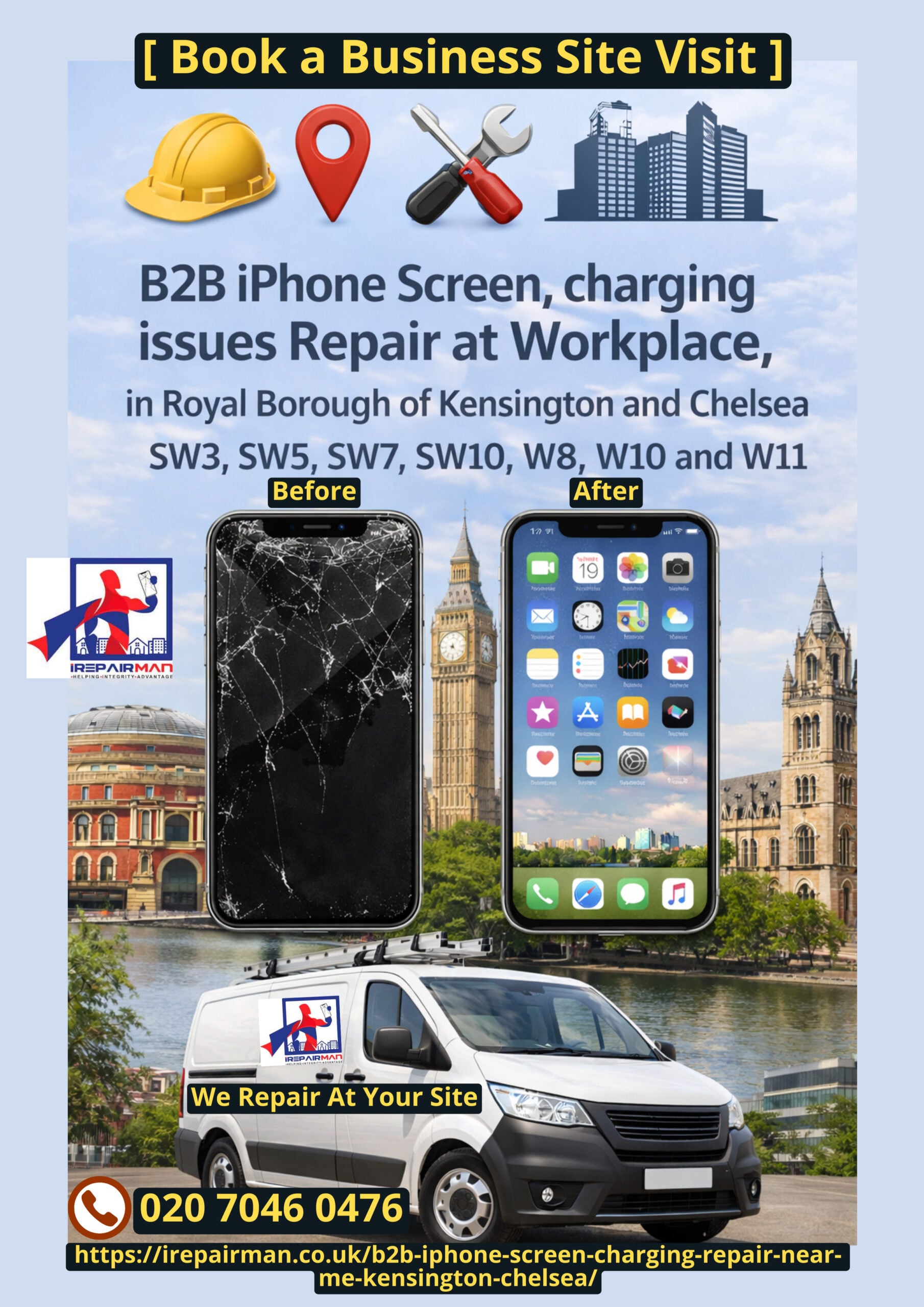 B2B iPhone screen and charging repair at workplace in Kensington and Chelsea SW3 SW5 SW7 SW10 W8 W10 W11