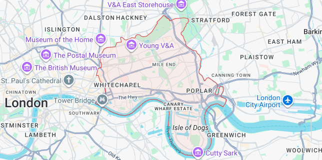 Map of Tower Hamlets E1 E2 E3 E14 coverage for B2B iPhone repair near me