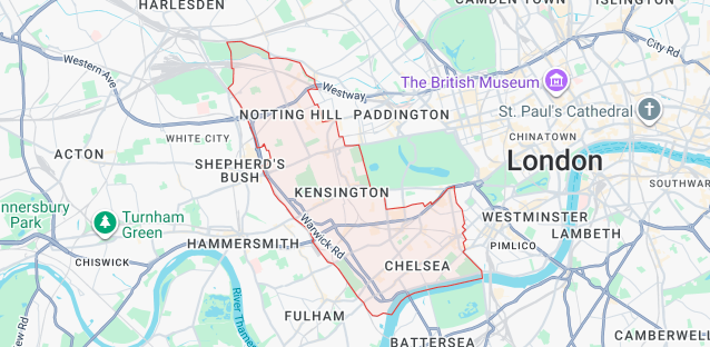 Map of Royal Borough of Kensington and Chelsea covering SW3 SW5 SW7 SW10 W8 W10 W11 for B2B iPhone repair service