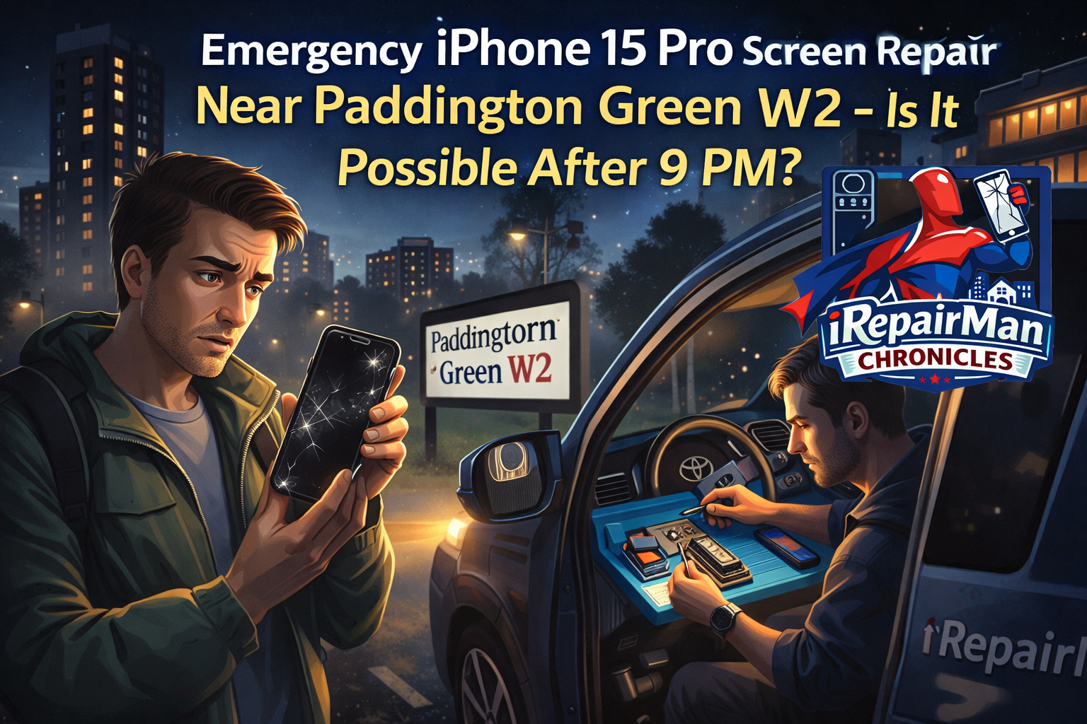 Emergency iPhone 15 Pro screen repair near Paddington Green W2 at night by iRepairMan mobile technician