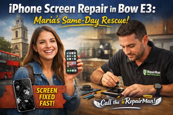 iPhone screen repair in Bow E3, before and after repair with technician working on a damaged phone.