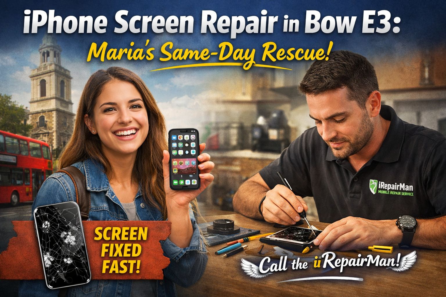 iPhone screen repair in Bow E3, before and after repair with technician working on a damaged phone.