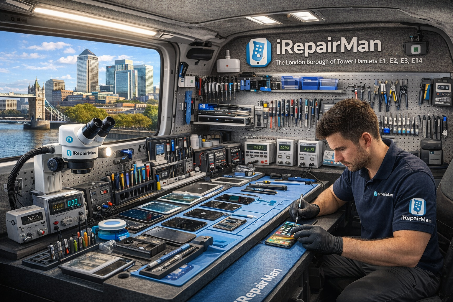 Mobile iRepairMan workshop inside van repairing iPhone at business site in Tower Hamlets