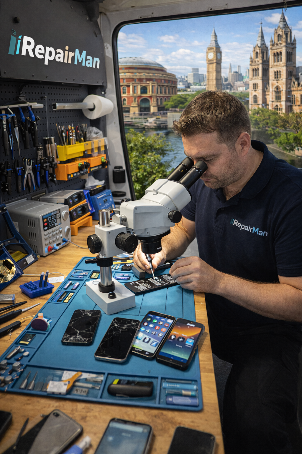 iRepairMan technician repairing iPhone inside mobile van workshop using microscope and professional repair tools