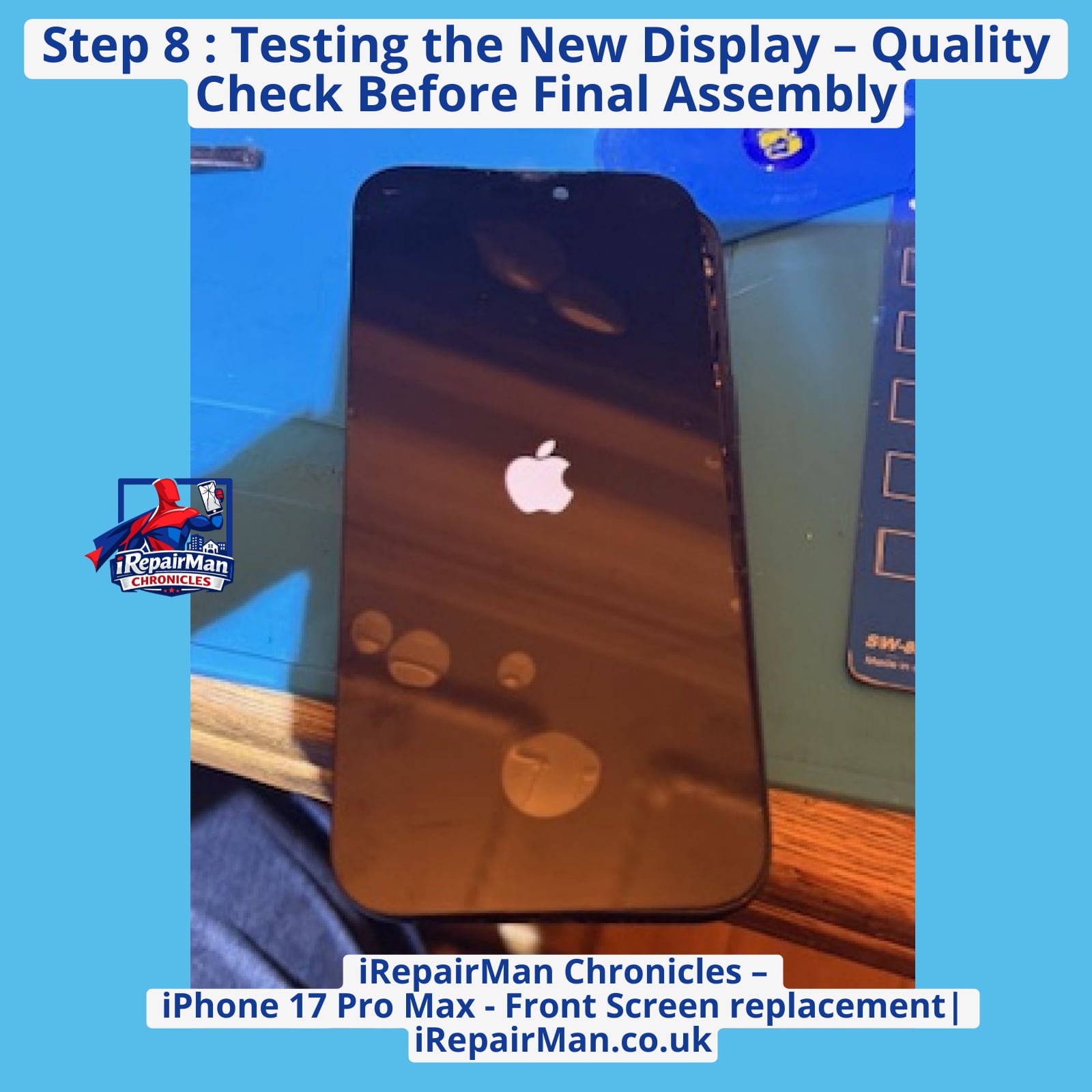 Soft OLED replacement screen tested on iPhone 17 Pro Max before final closure