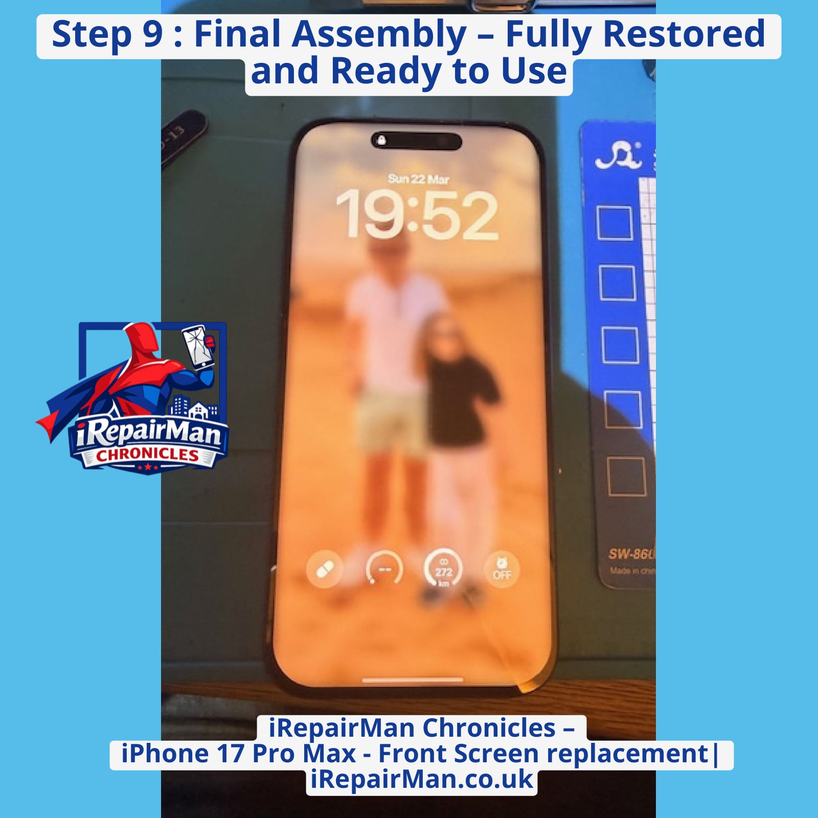 Fully repaired iPhone 17 Pro Max after screen replacement completed at home in Battersea SW11