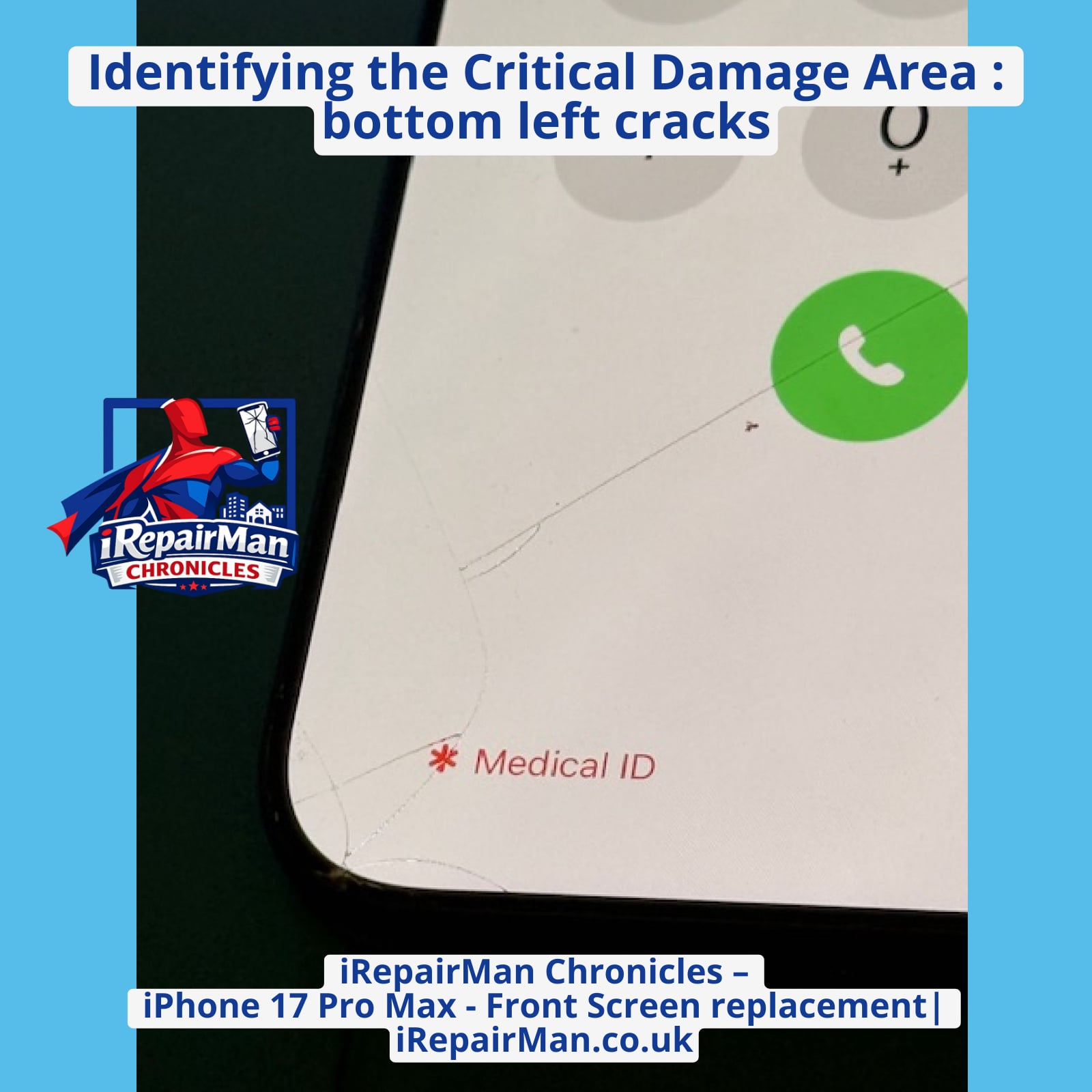 Bottom left cracked corner of iPhone 17 Pro Max before repair showing impact damage and hairline cracks