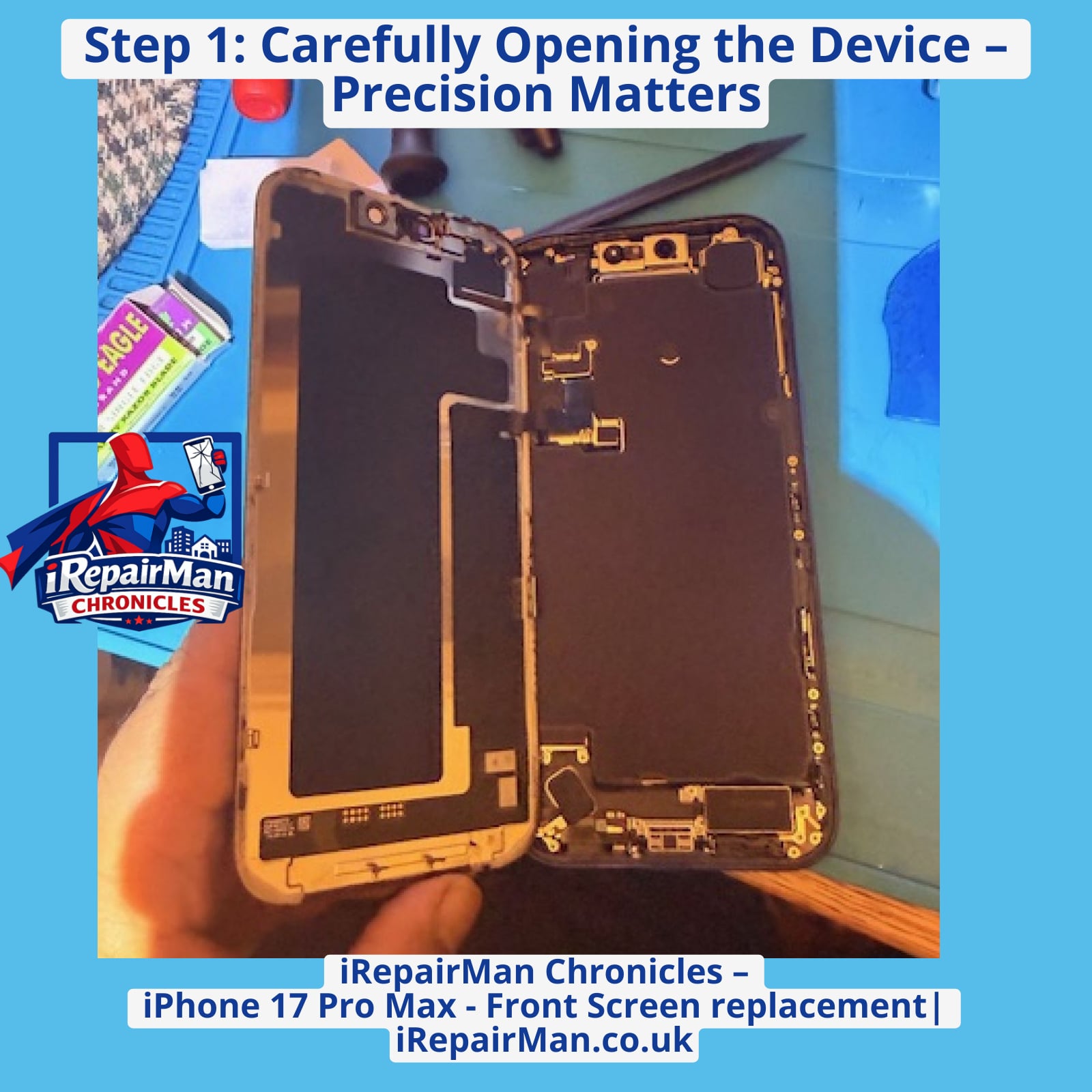 iPhone 17 Pro Max screen opened with precision tools during home repair in Battersea SW11