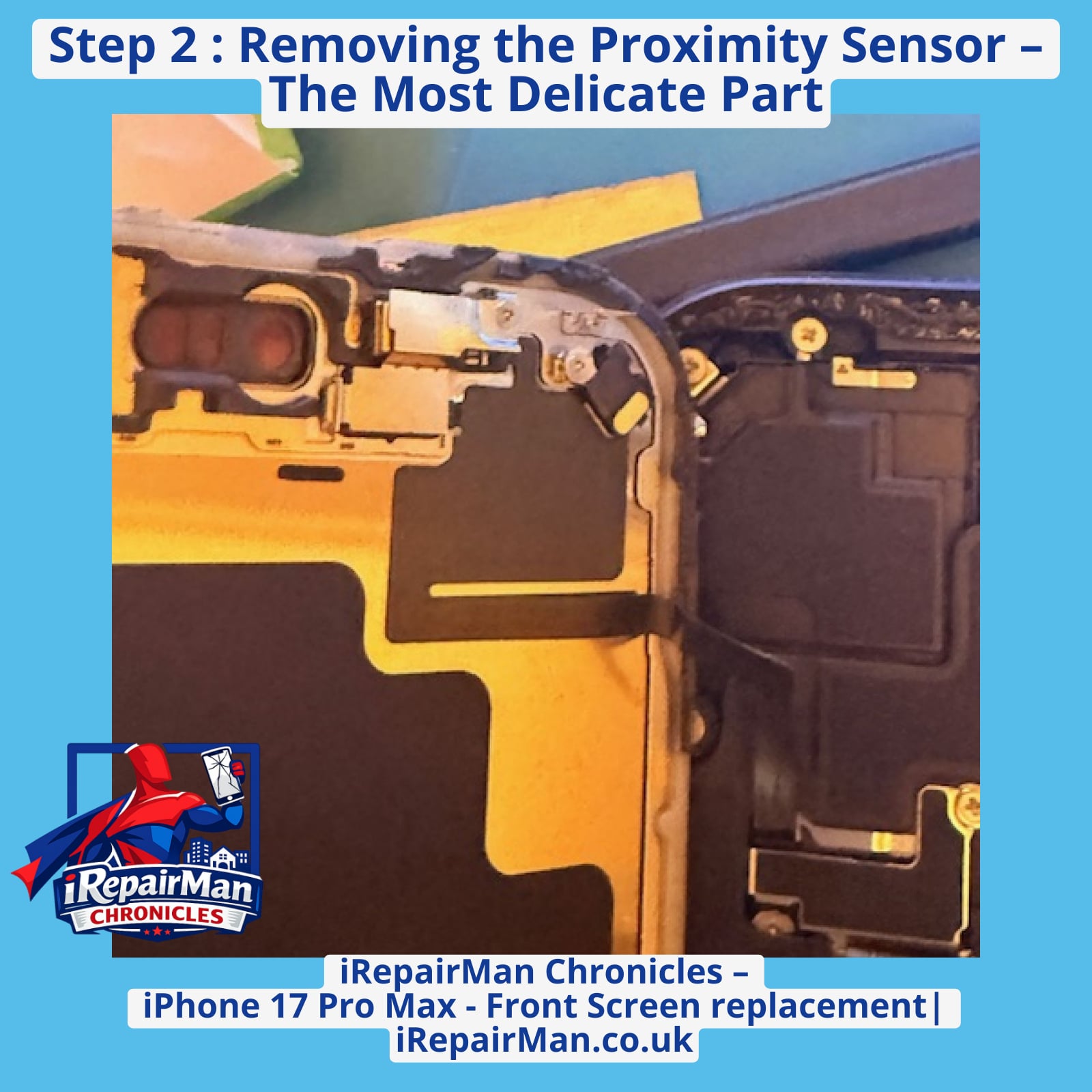 Technician removing proximity sensor flex from original iPhone 17 Pro Max screen during repair