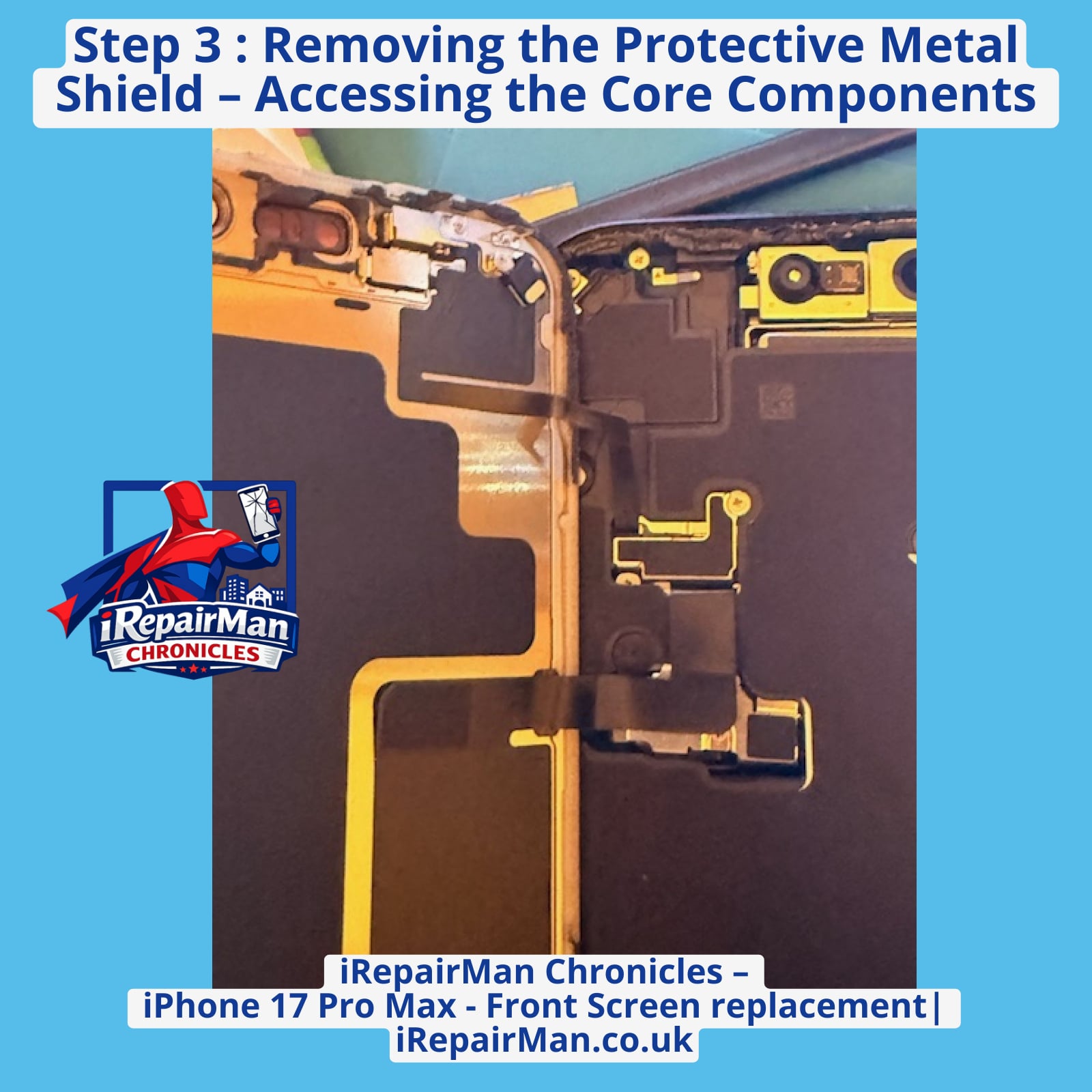 Metal shield removed from iPhone 17 Pro Max screen assembly during screen replacement procedure