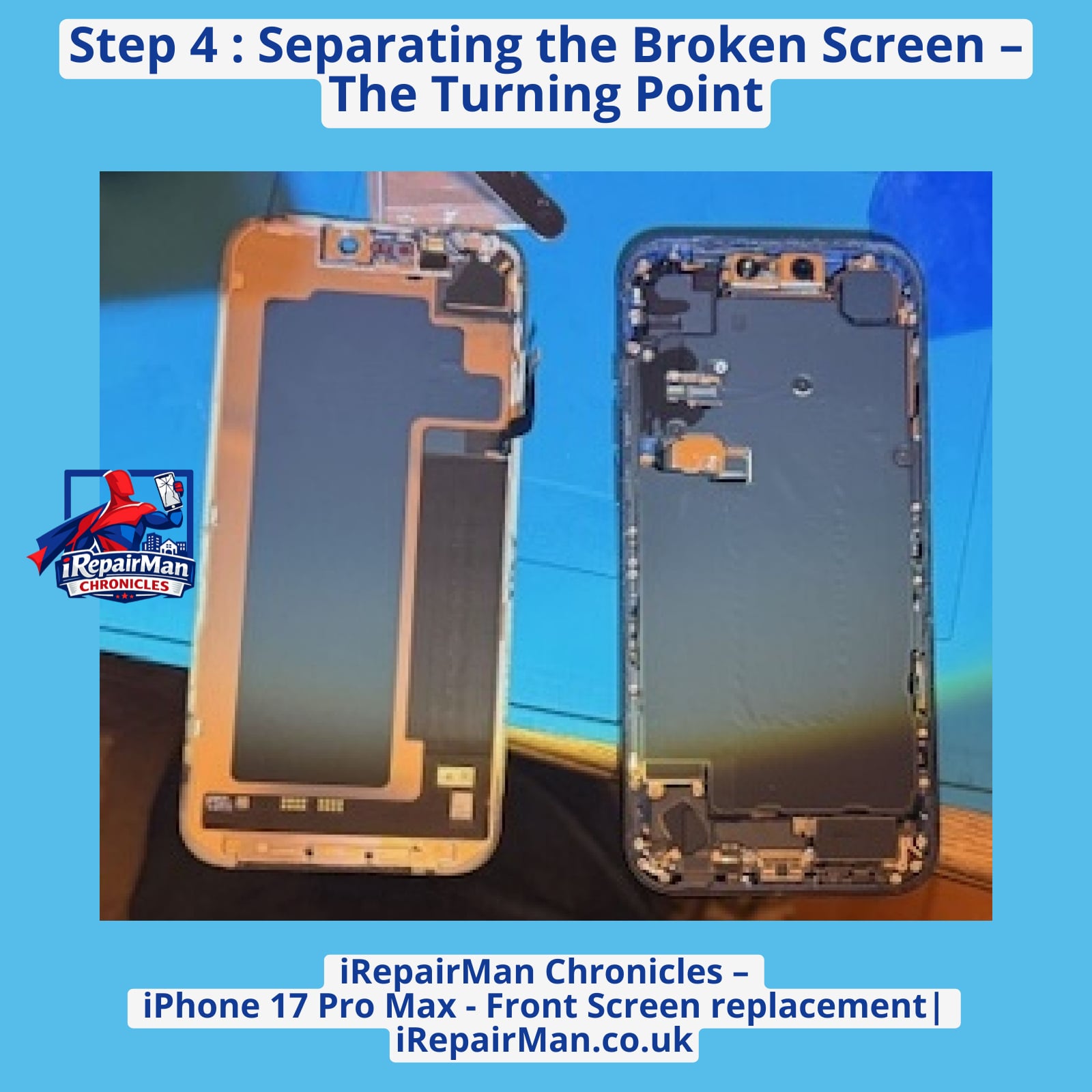 Broken iPhone 17 Pro Max display separated from housing during repair in Battersea SW11