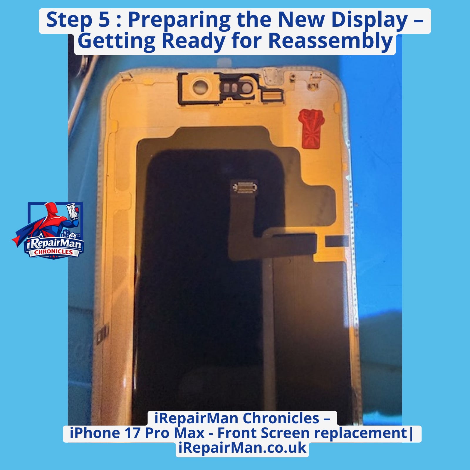 New iPhone 17 Pro Max replacement display prepared before sensor transfer and installation