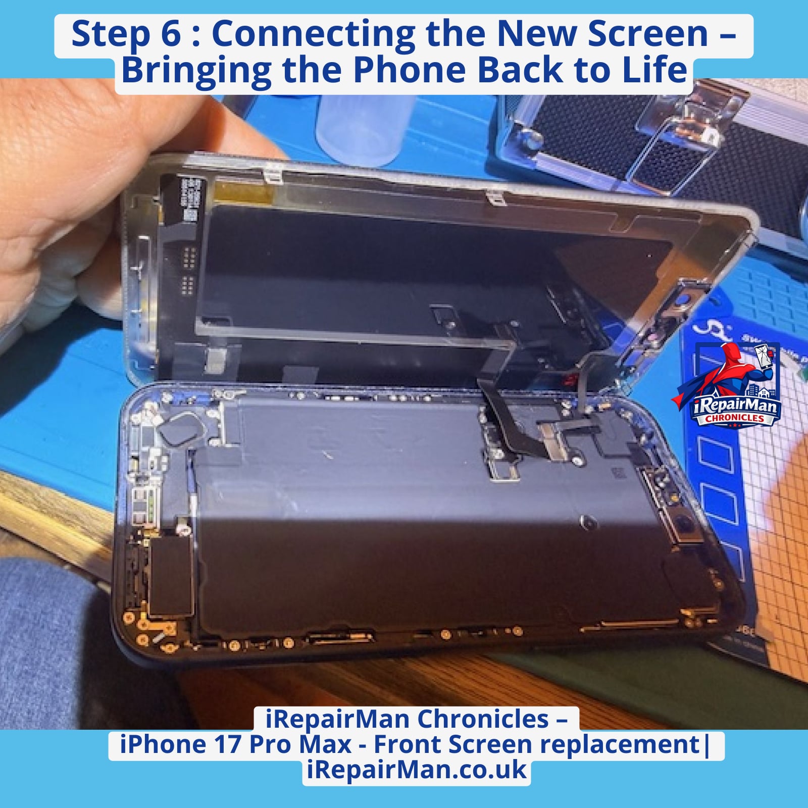 New iPhone 17 Pro Max display connected with flex cables during screen replacement