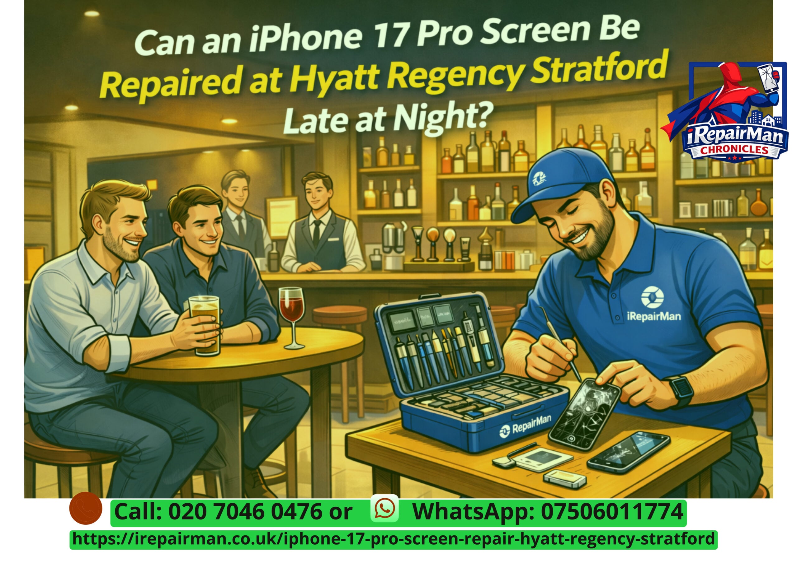 iRepairMan technician repairing shattered iPhone 17 Pro screen at Hyatt Regency Stratford hotel late at night