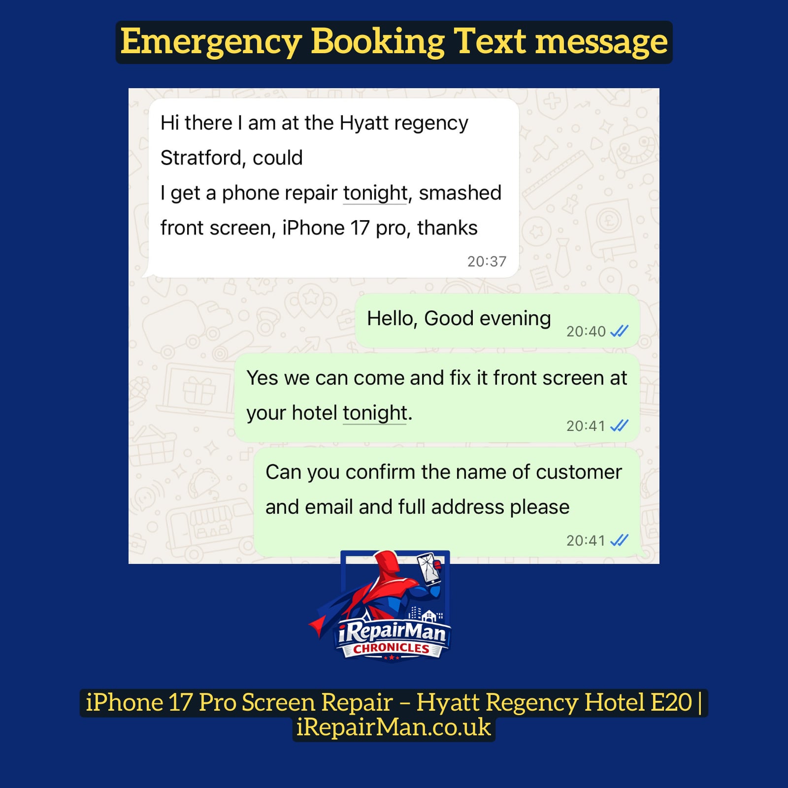 Customer contacting iRepairMan on WhatsApp for urgent iPhone 17 Pro screen repair at Hyatt Regency Stratford E20