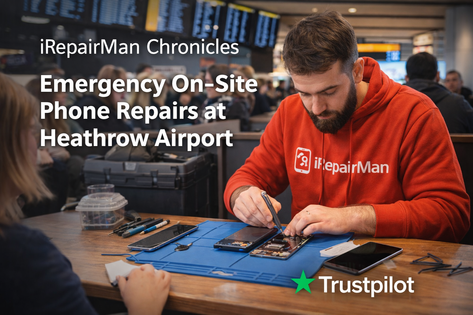 iRepairMan technician repairing Samsung Galaxy S23 Ultra at Heathrow Airport while customer waits for flight