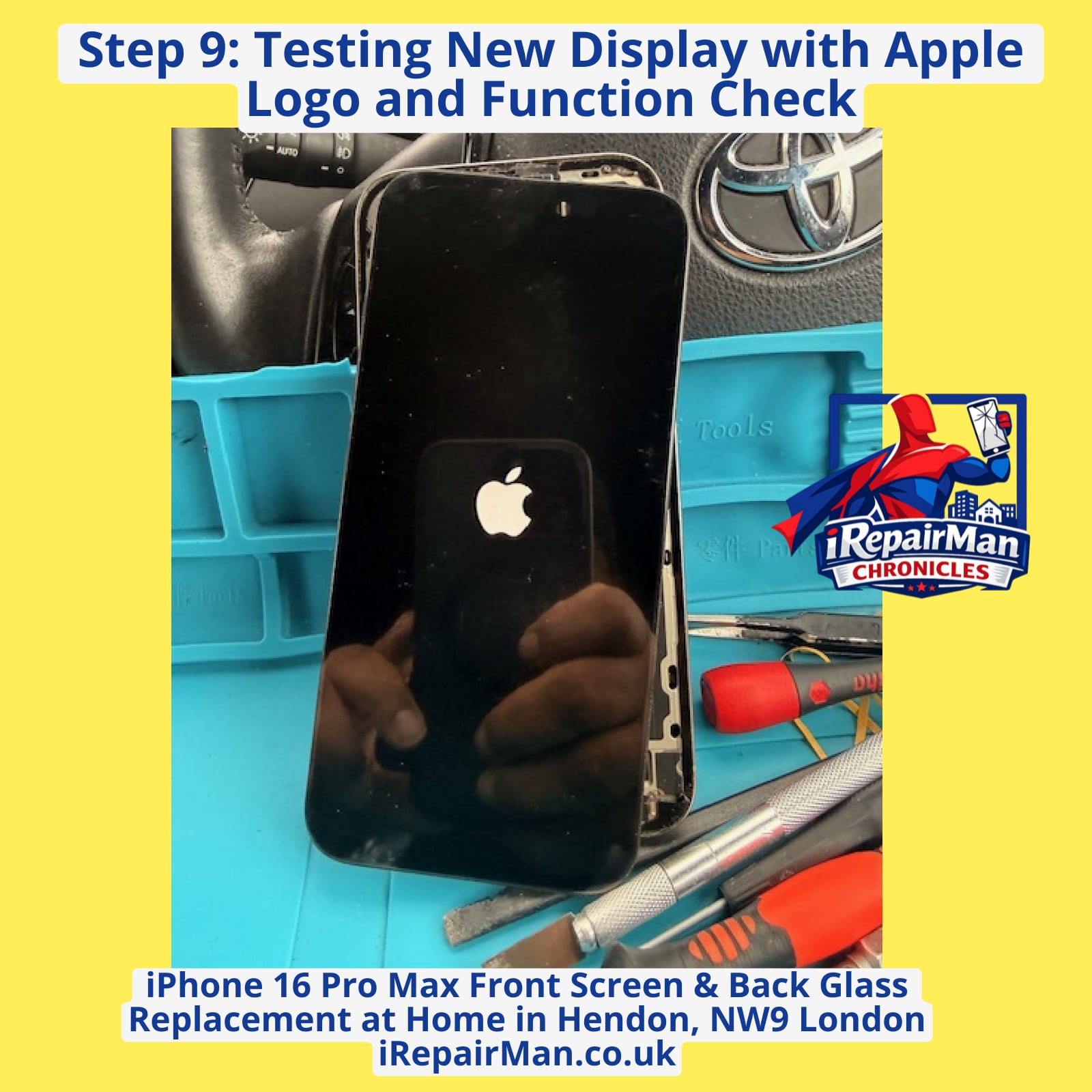 iPhone 16 Pro Max new screen testing with Apple logo during repair process in Hendon NW9 London mobile service
