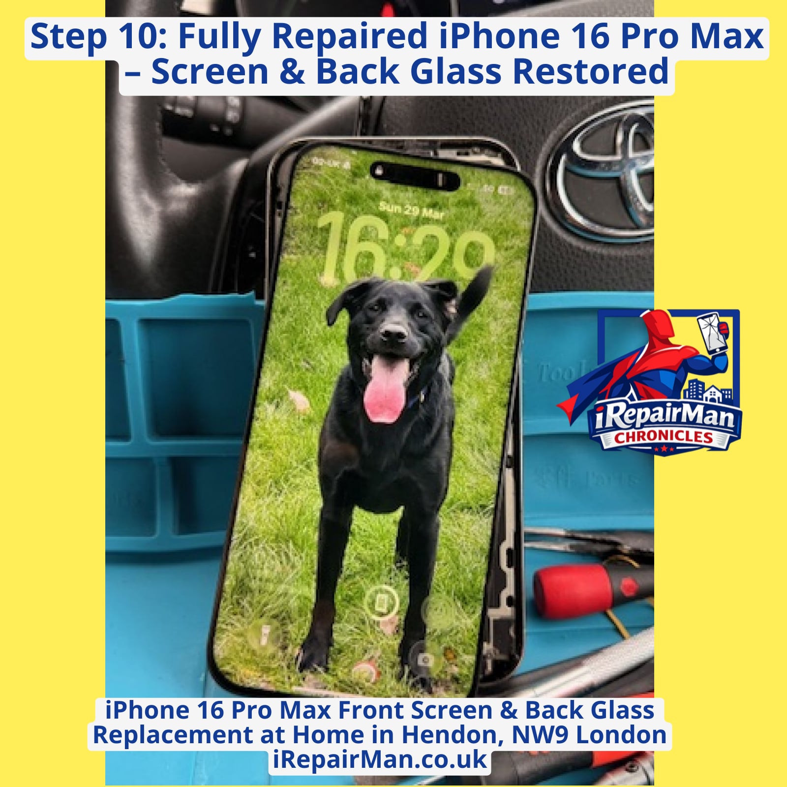 iPhone 16 Pro Max fully repaired with new screen and back glass working perfectly after repair in Hendon NW9 London