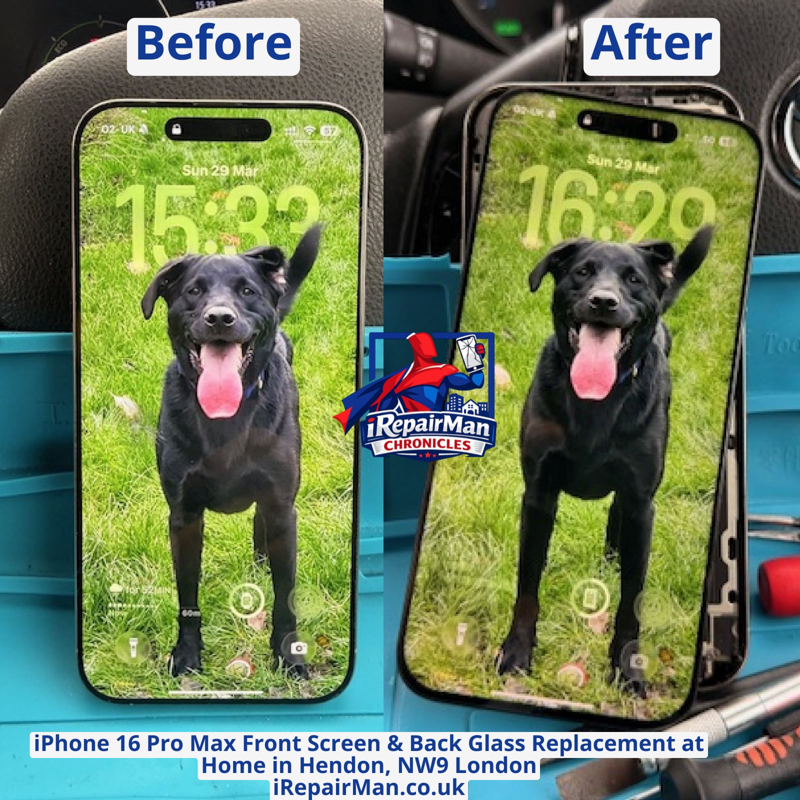 iPhone 16 Pro Max screen before and after repair comparison showing cracked display restored in Hendon NW9 London