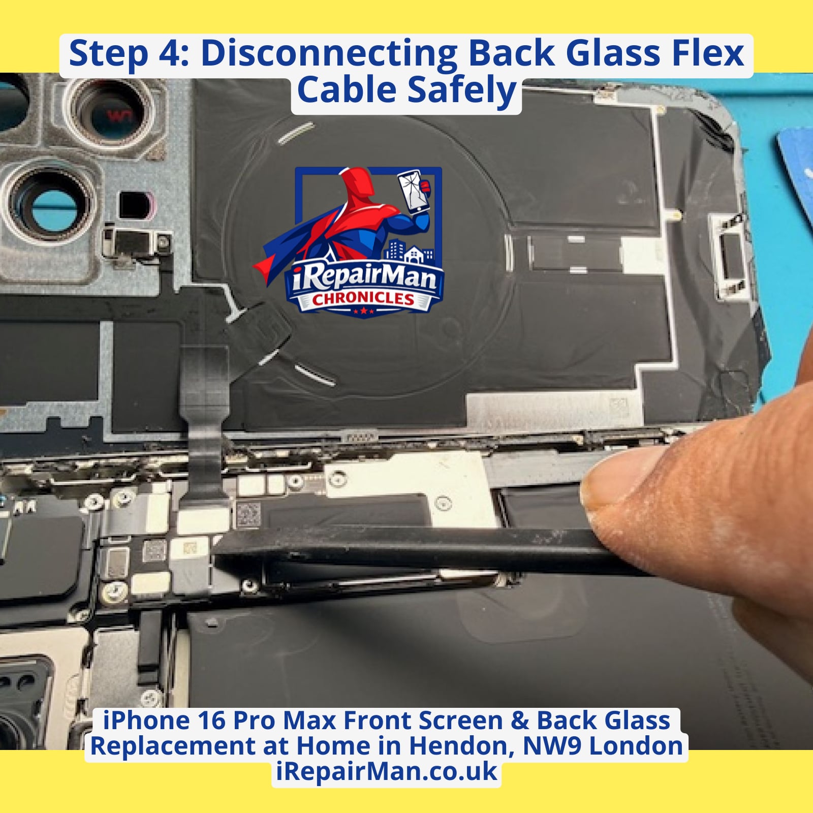 iPhone 16 Pro Max flex cable disconnection during back glass replacement repair in Hendon NW9 London mobile service