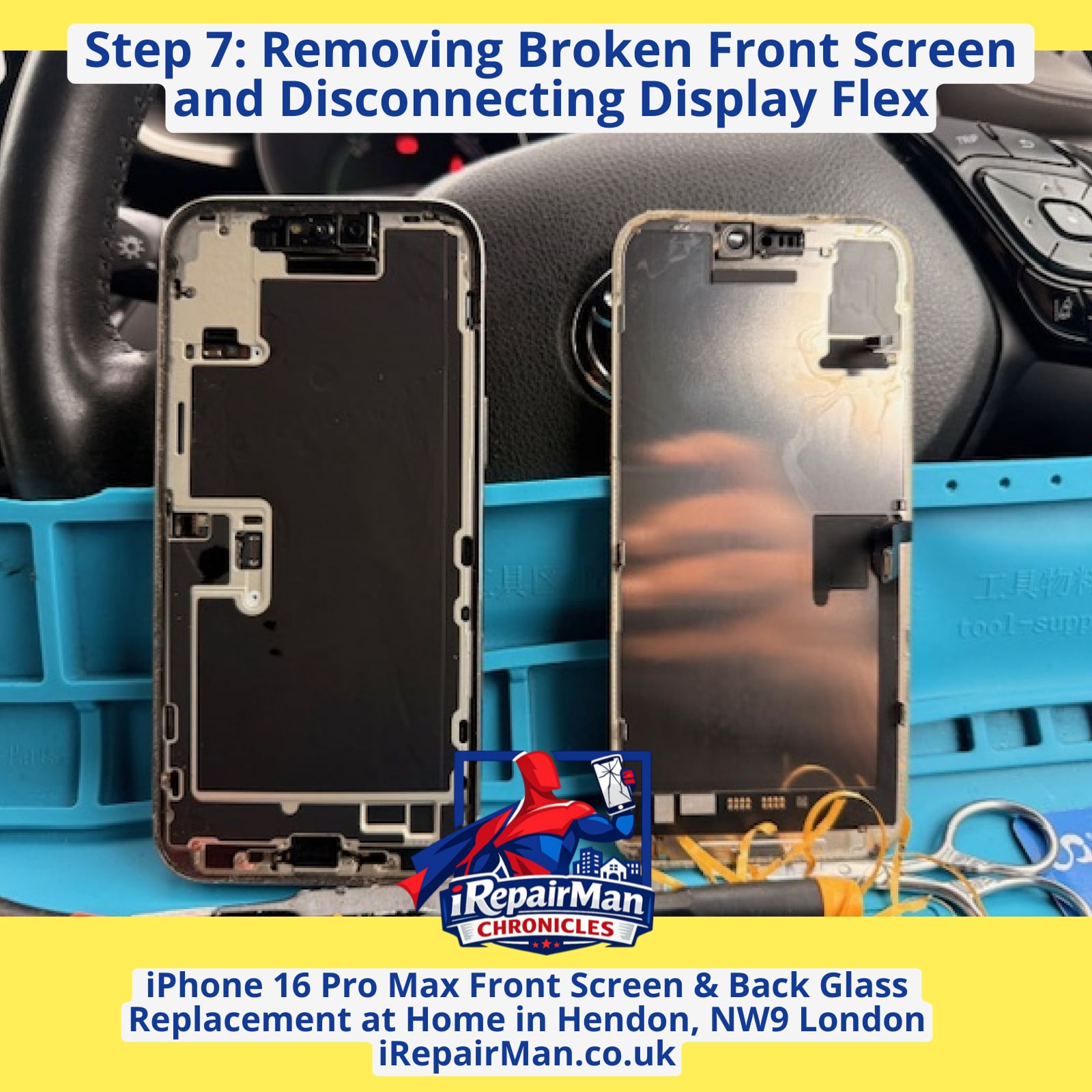 iPhone 16 Pro Max broken front screen removed and display flex disconnected during repair in Hendon NW9 London