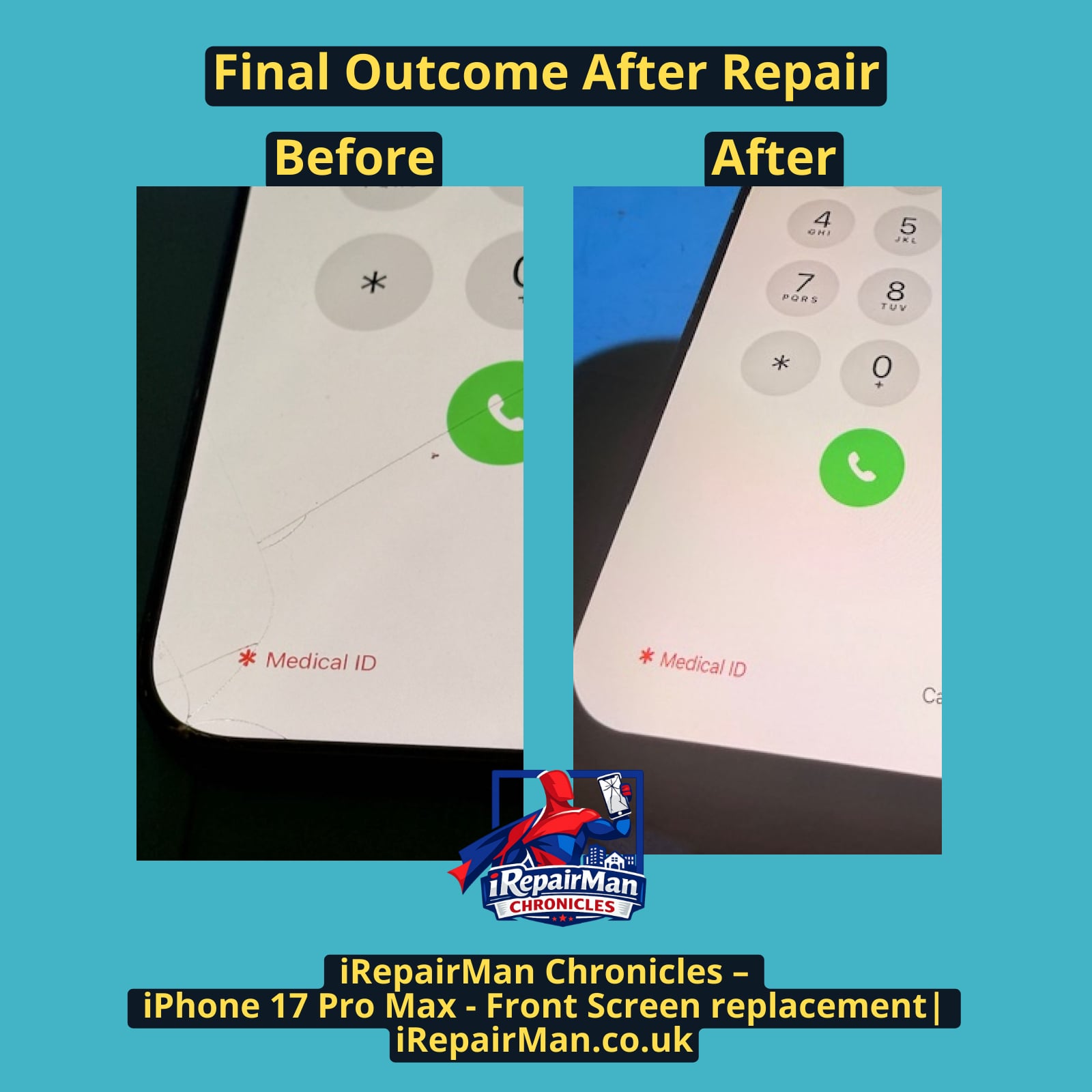 Before and after iPhone 17 Pro Max screen repair in Battersea SW11 showing cracked screen restored by iRepairMan