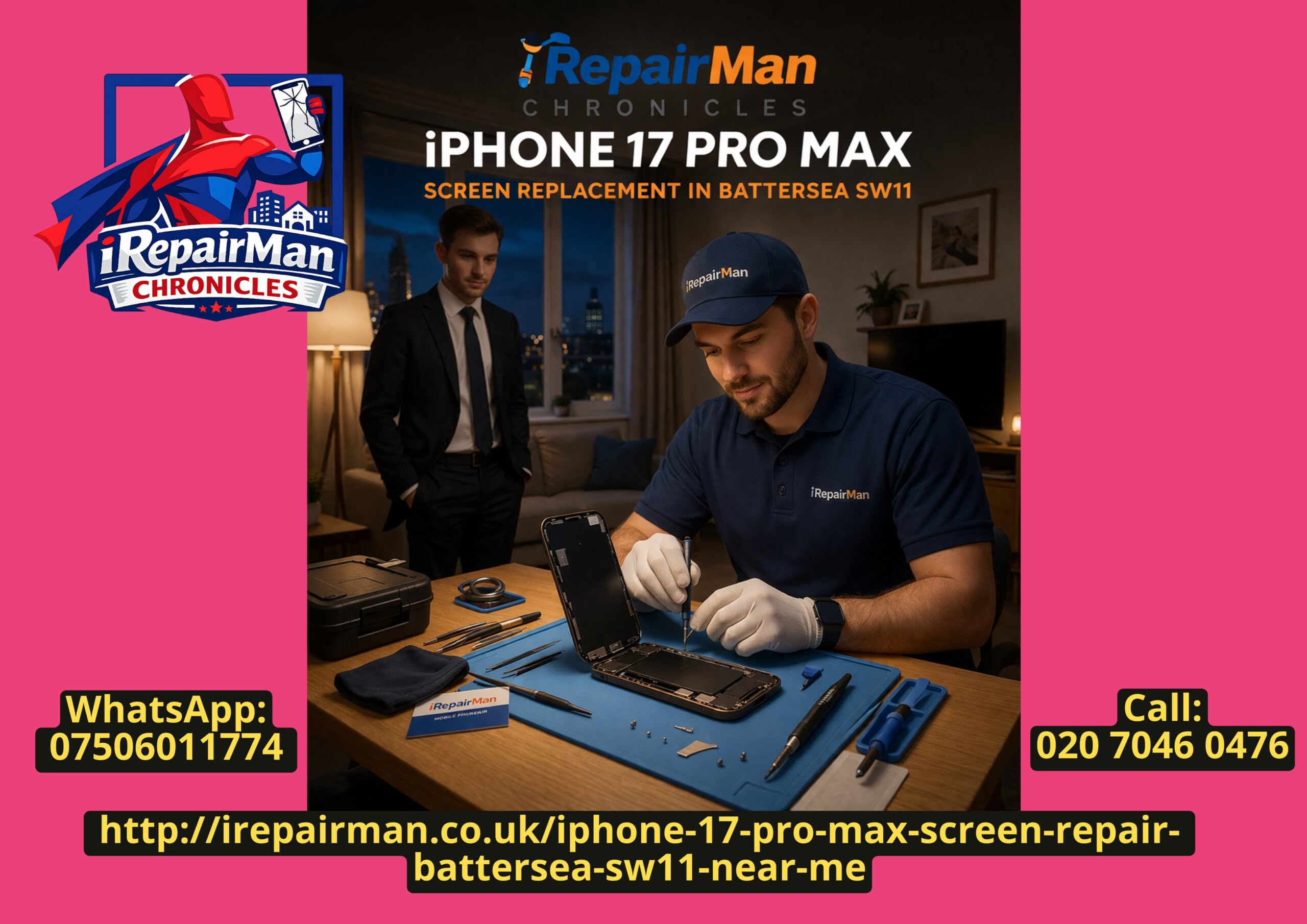 iPhone 17 Pro Max screen replacement at home in Battersea SW11 by iRepairMan technician with customer watching evening repair