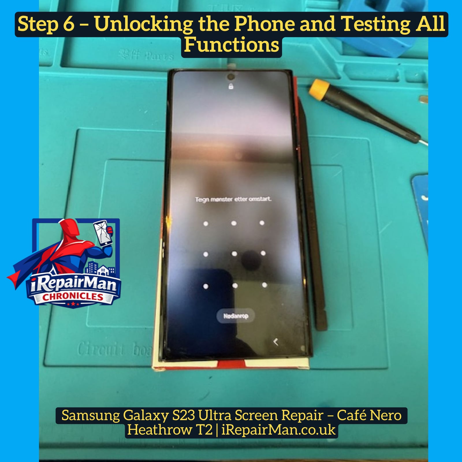 Samsung Galaxy S23 Ultra internal metal shields and cables reinstalled during repair at Heathrow Airport