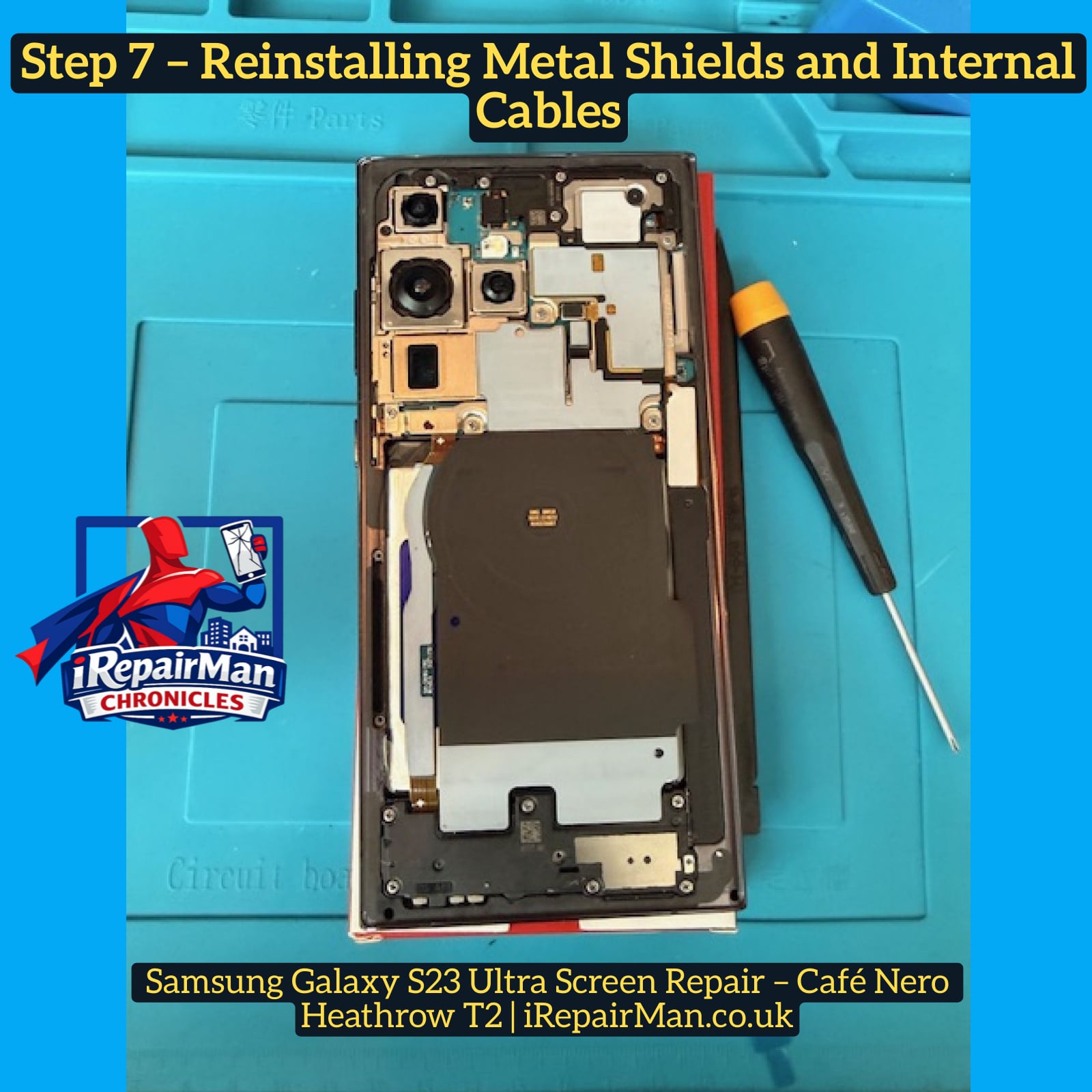 Samsung Galaxy S23 Ultra before and after screen repair at Heathrow Airport