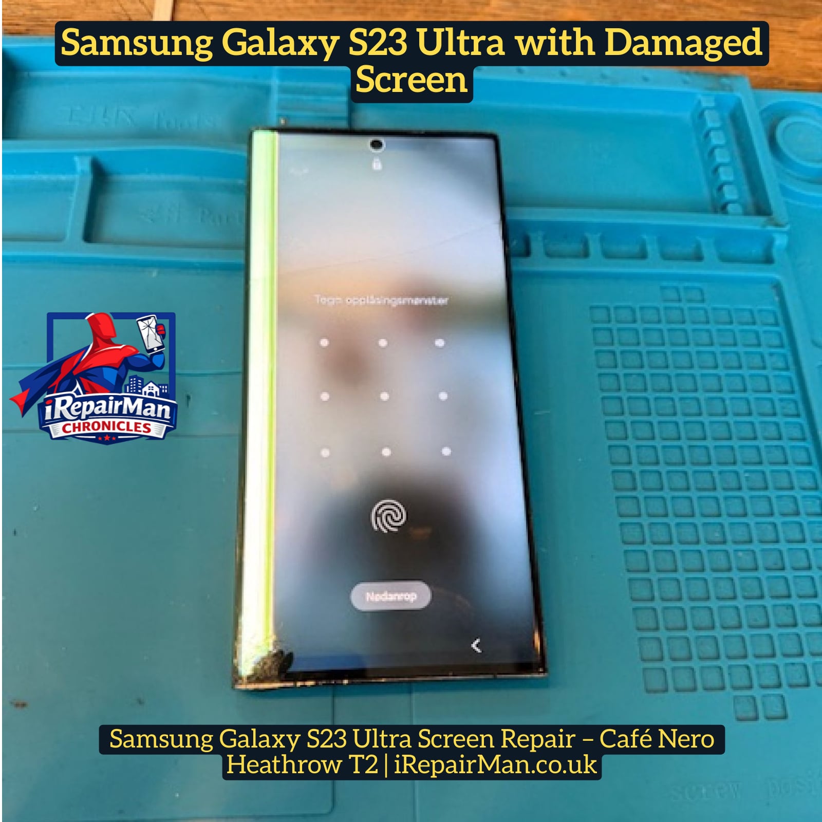 Back view of Samsung Galaxy S23 Ultra before opening for screen repair at Heathrow Airport Terminal 2