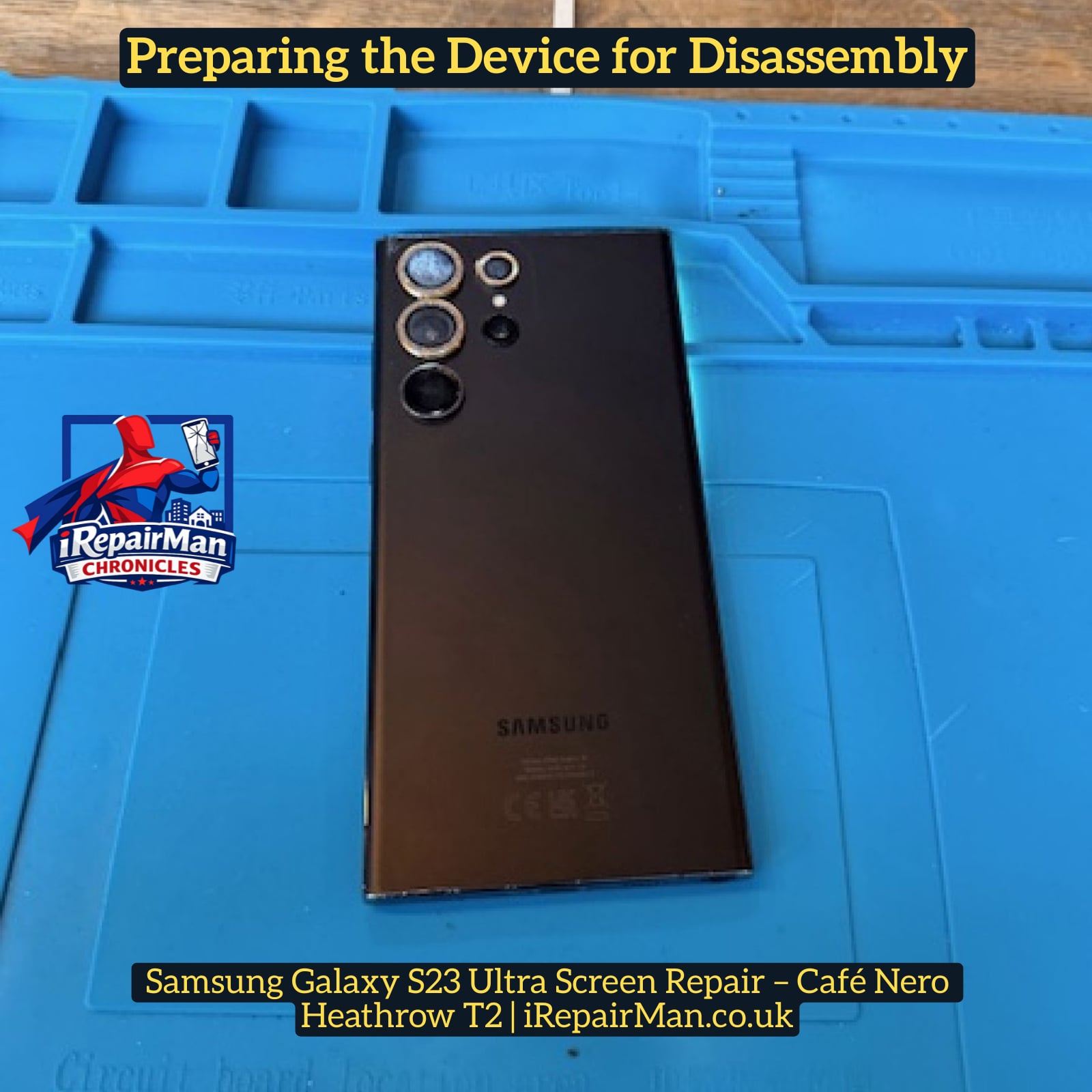 Technician opening Samsung Galaxy S23 Ultra back glass using heat and alcohol during repair at Heathrow Airport cafe
