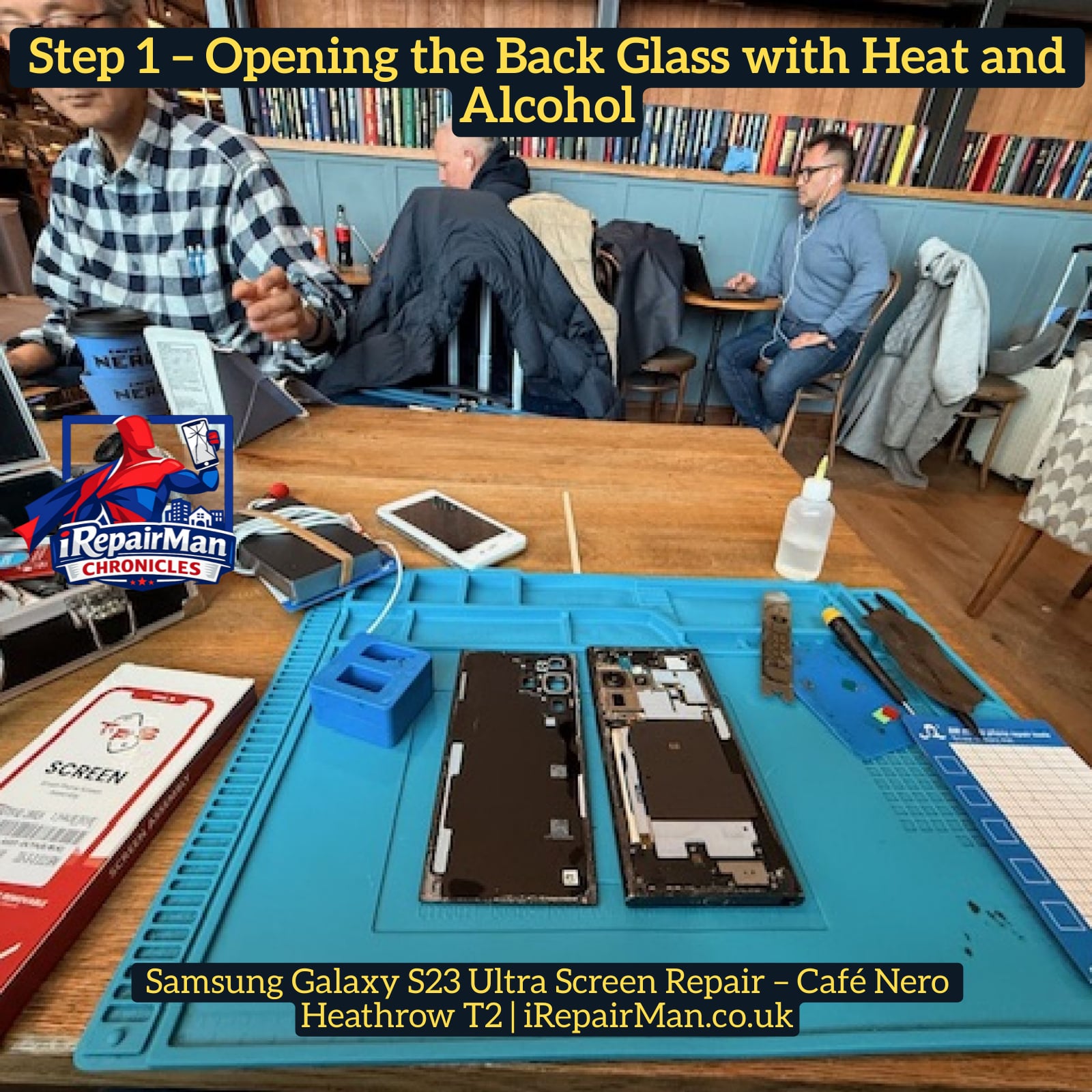 Samsung Galaxy S23 Ultra internal components removed during screen repair at Heathrow Airport