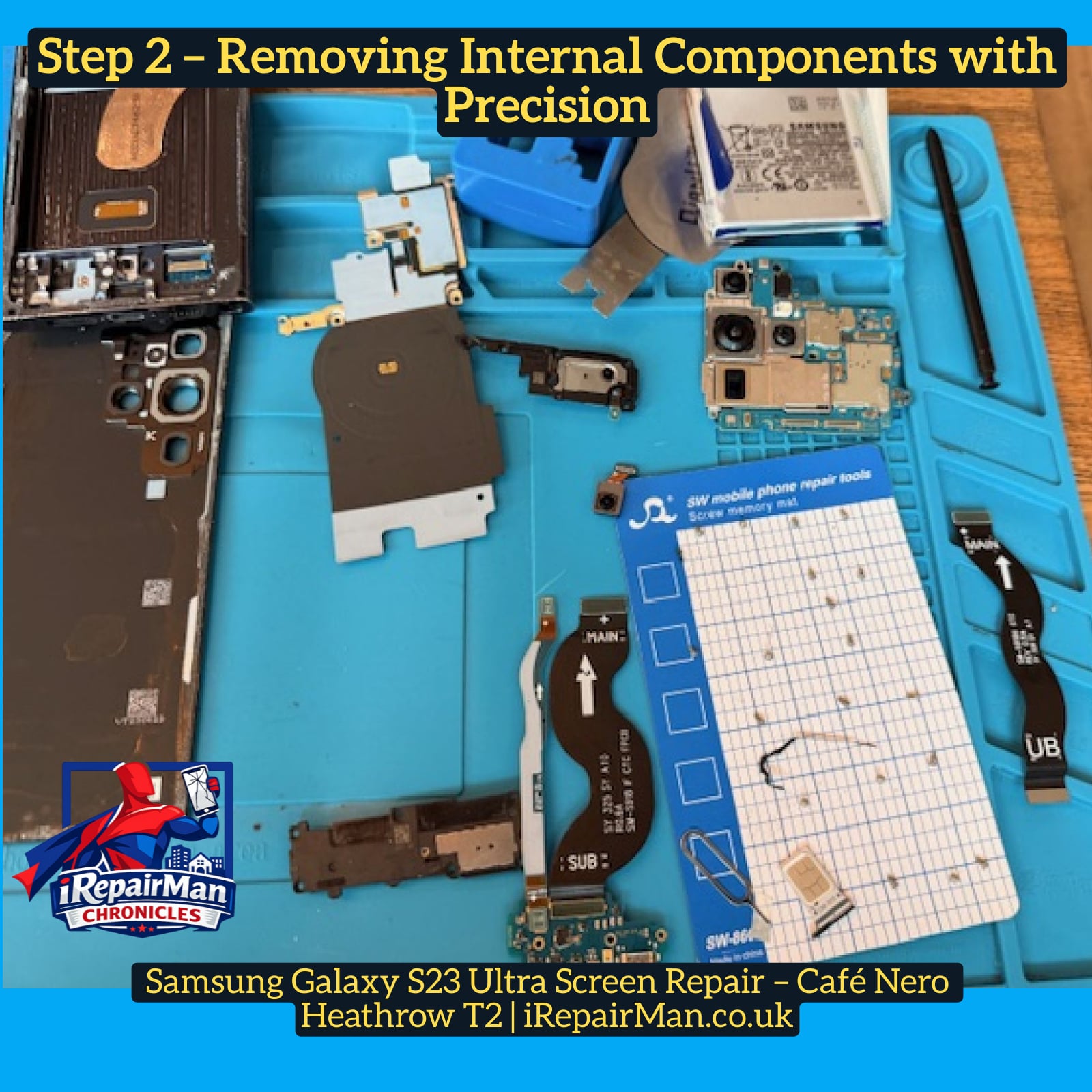 New Samsung Galaxy S23 Ultra replacement screen prepared during repair at Heathrow Airport cafe