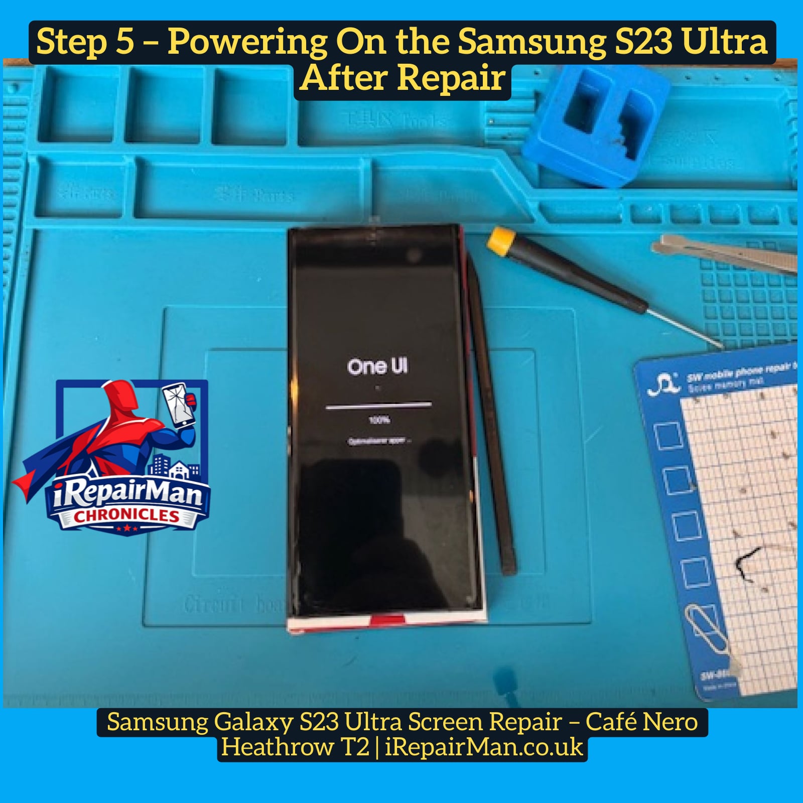 Samsung Galaxy S23 Ultra unlocked and tested after screen repair at Heathrow Airport