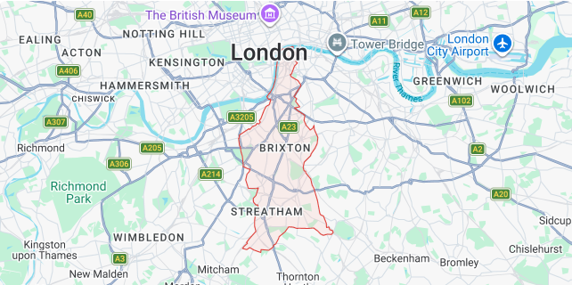 Map of London Borough of Lambeth showing SE1 SE11 SE24 SW2 SW4 SW9 SW16 business repair coverage
