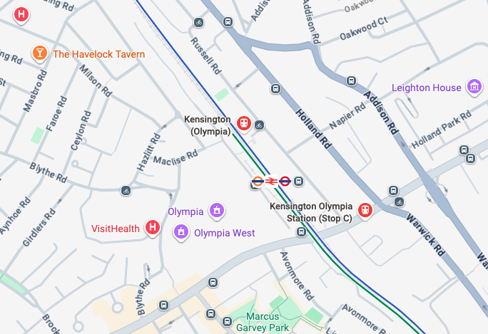 Map of Kensington Olympia Station W14 showing areas covered by iRepairMan phone repair service