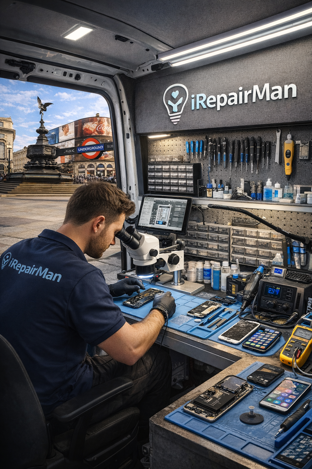 iRepairMan van workshop with technician repairing iPhone near Piccadilly Circus London