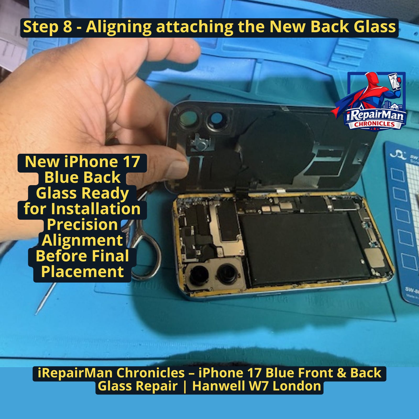 aligning new blue back glass panel before installation on iPhone 17 during repair in Hanwell W7 London
