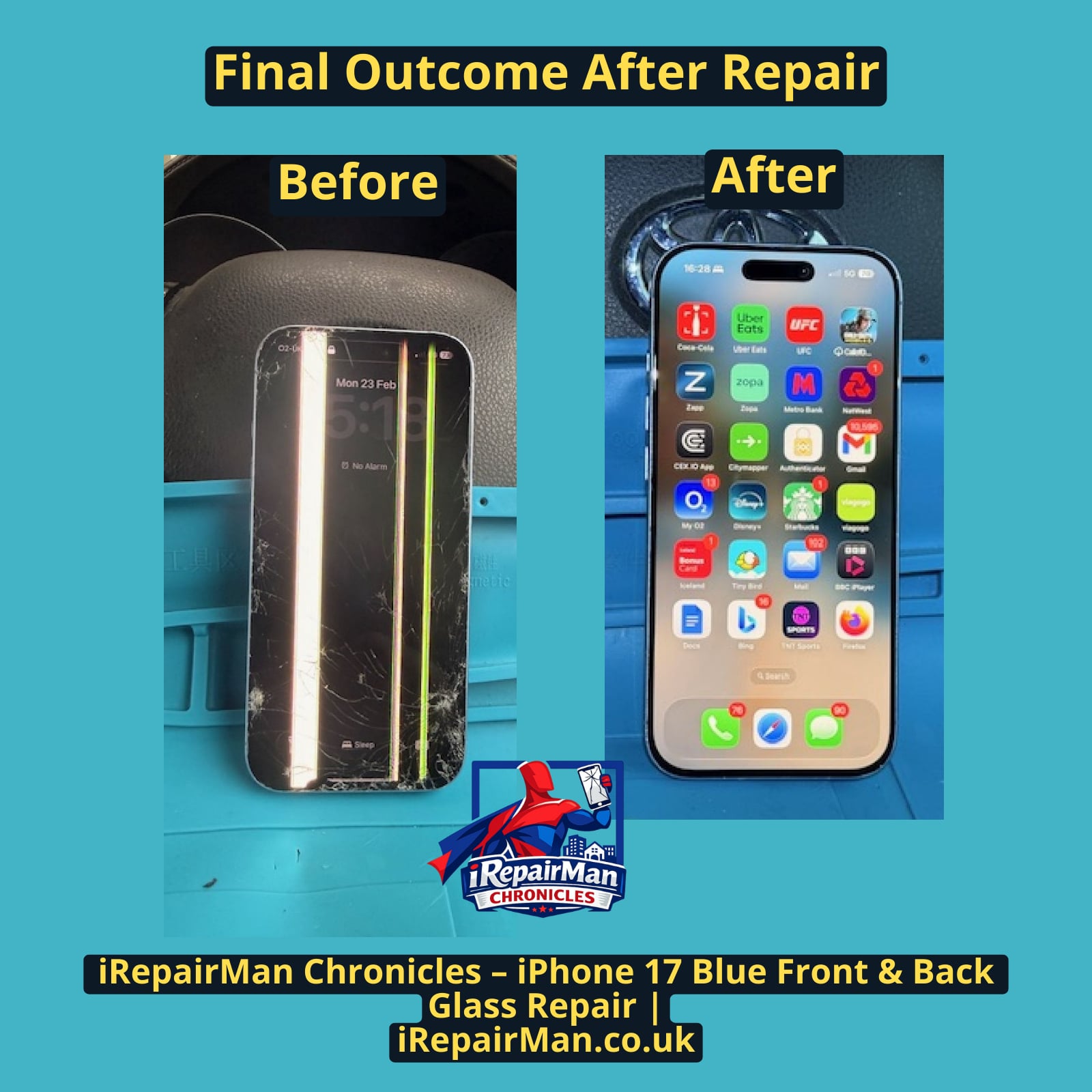 before and after comparison of iPhone 17 front screen repair showing cracked display and new soft OLED screen in Hanwell W7 London