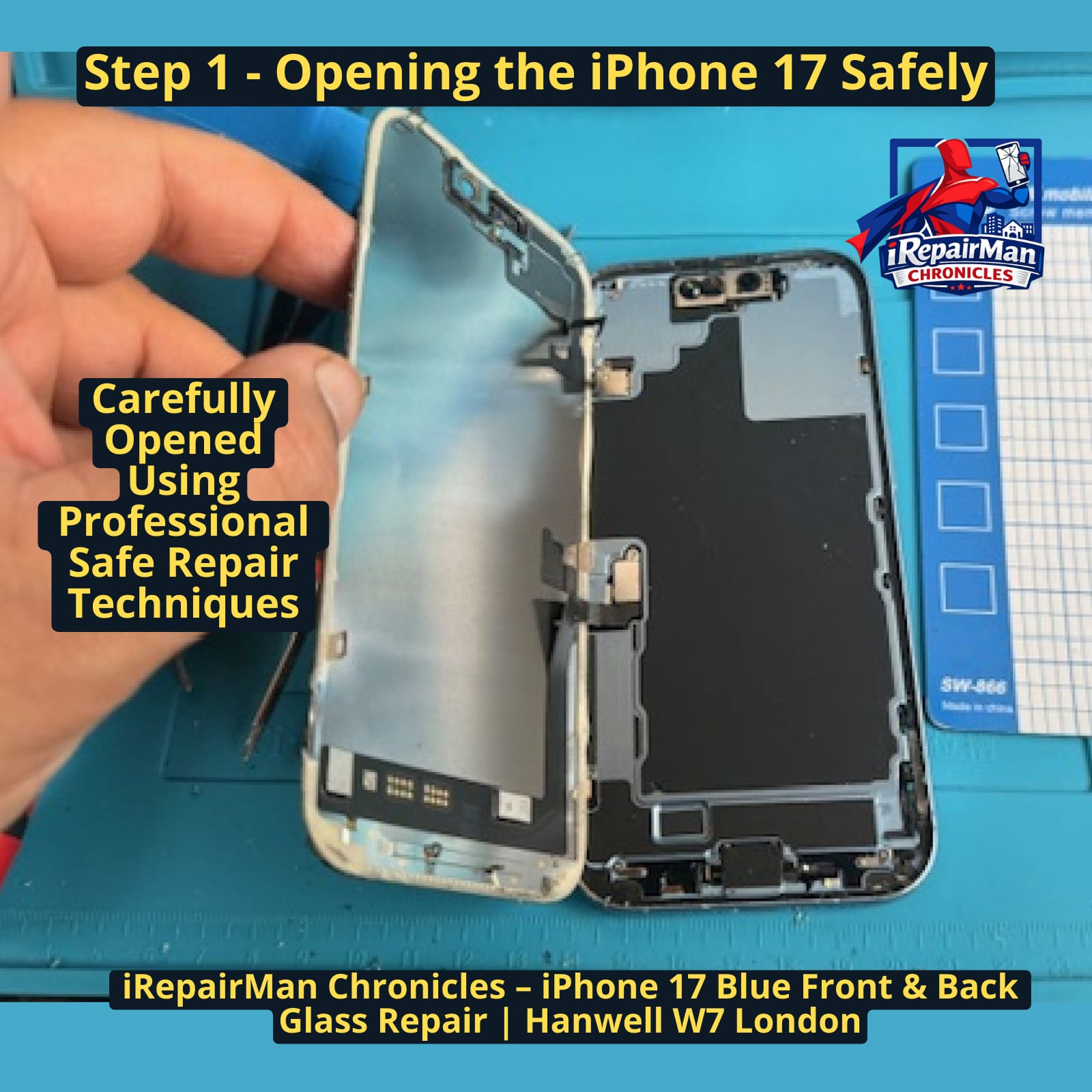 iPhone 17 blue screen carefully opened during front glass repair using safe techniques in Hanwell W7 London