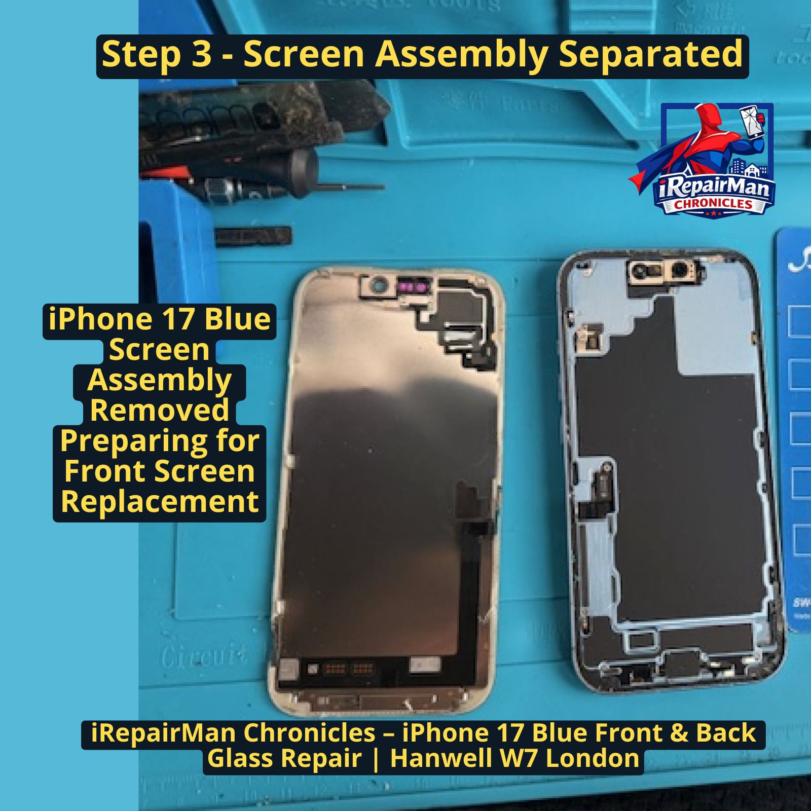 iPhone 17 screen assembly separated from phone body during front glass repair in Hanwell W7 London